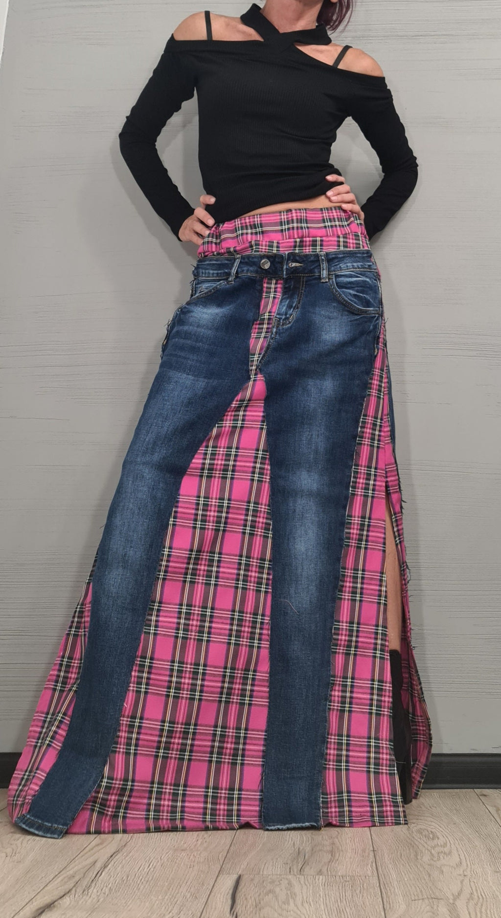 New collection Extravagant Long Skirt, Denim Pink Square Skirt, Deconstructed Avant Garde Skirt
