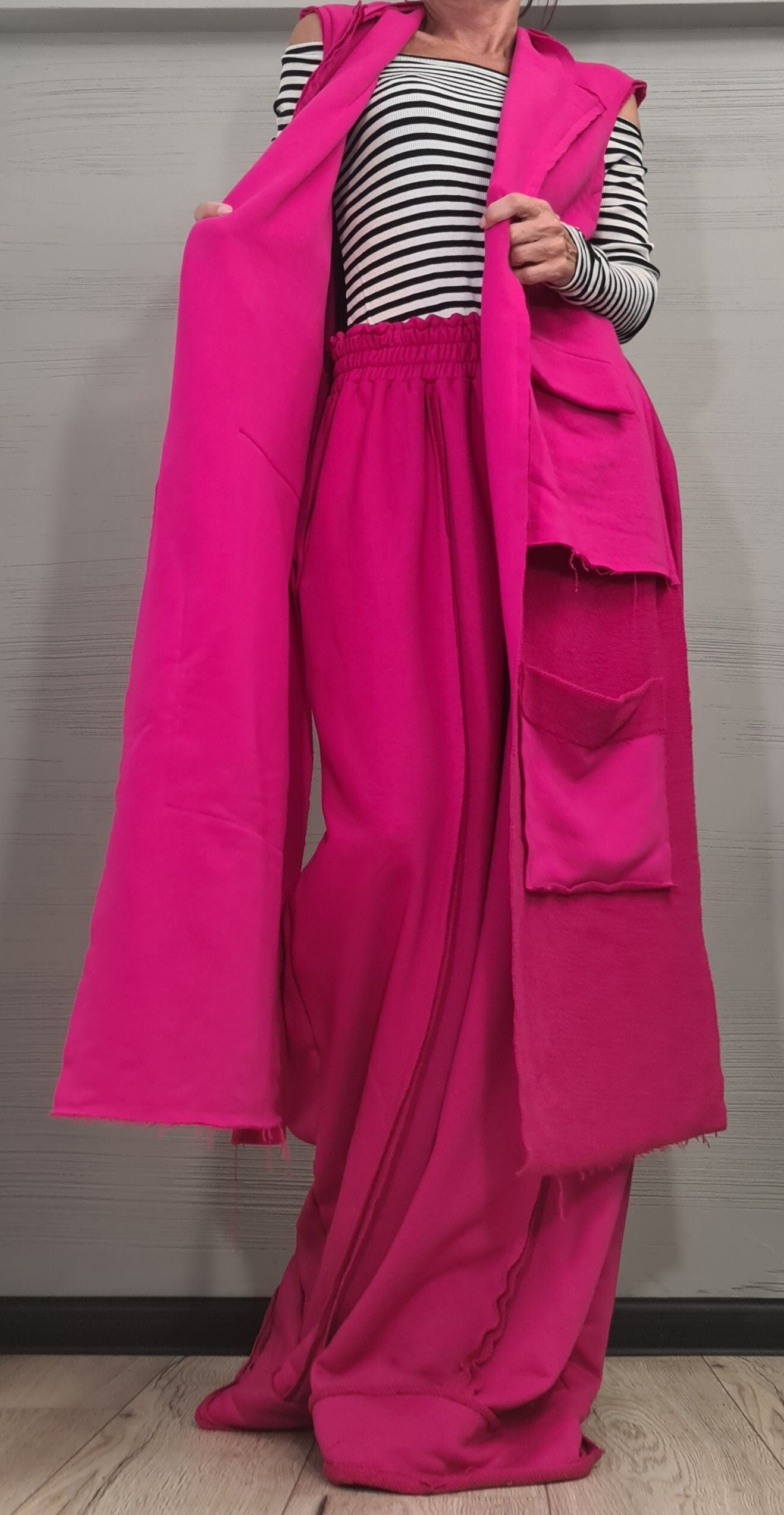 Outwear Women Set, Wide Leg Pants, Vest Long Short, Extravagant Cotton Set, Extravagant Vest, Asymmetrical Set