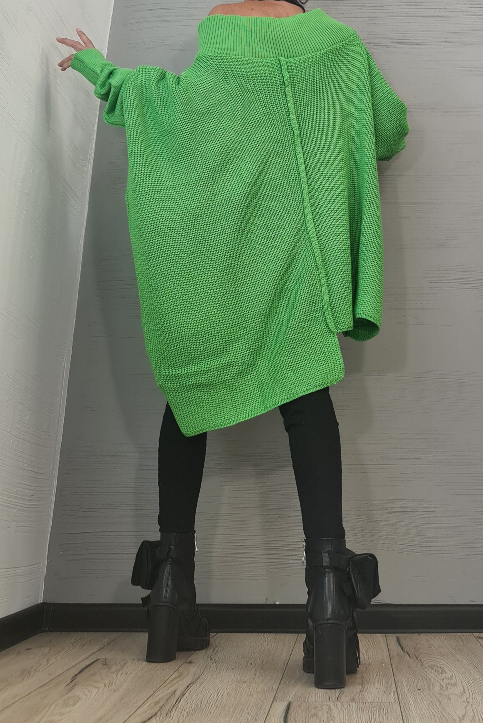 Asymmetrical Tunic, Avant Garde Tunic, Knitted Green Tunic, Gothic tunic, Loose Long Sleeve Top, Dressshoescode