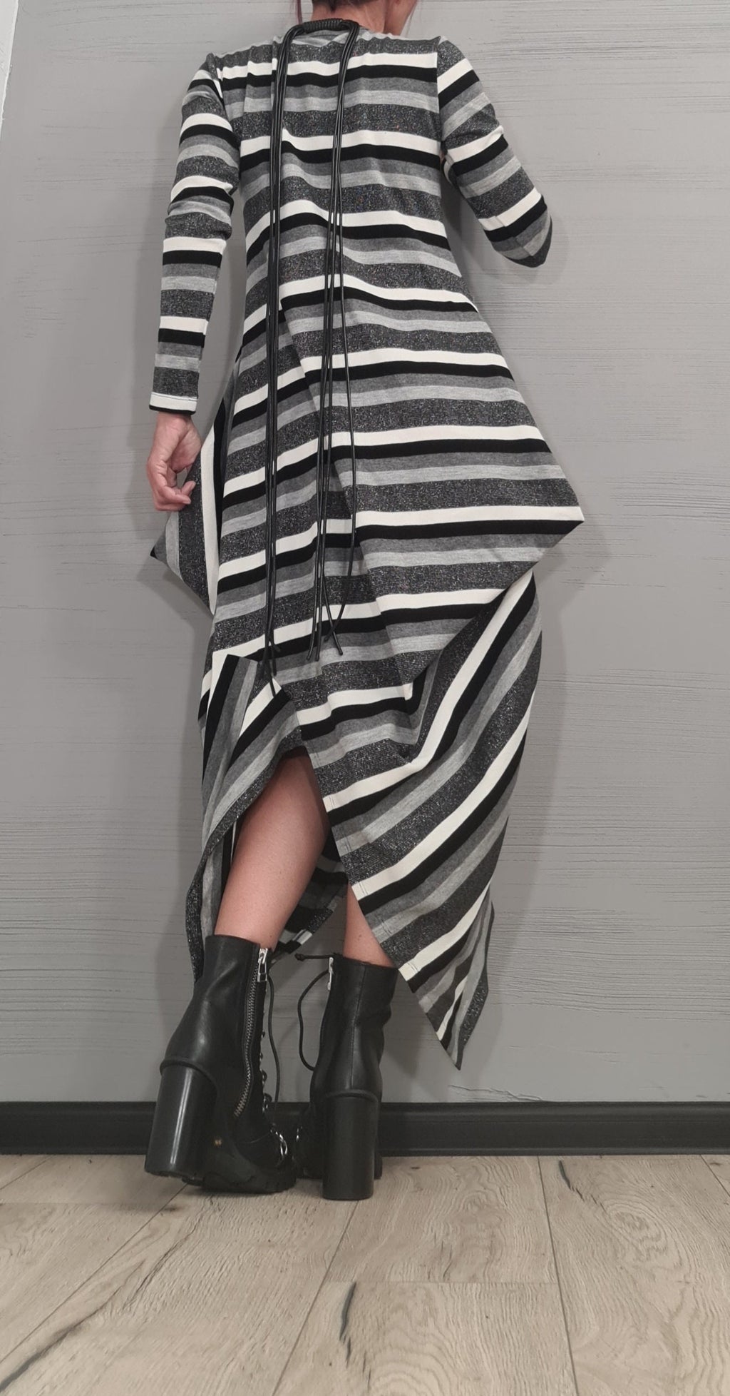 Asymmetric Long Dress, Extravagant Fit Dress, White-black-silver stripe, Plus Size, Oversize Dress, Gothic Dress, Drape Dress, Loose Dress
