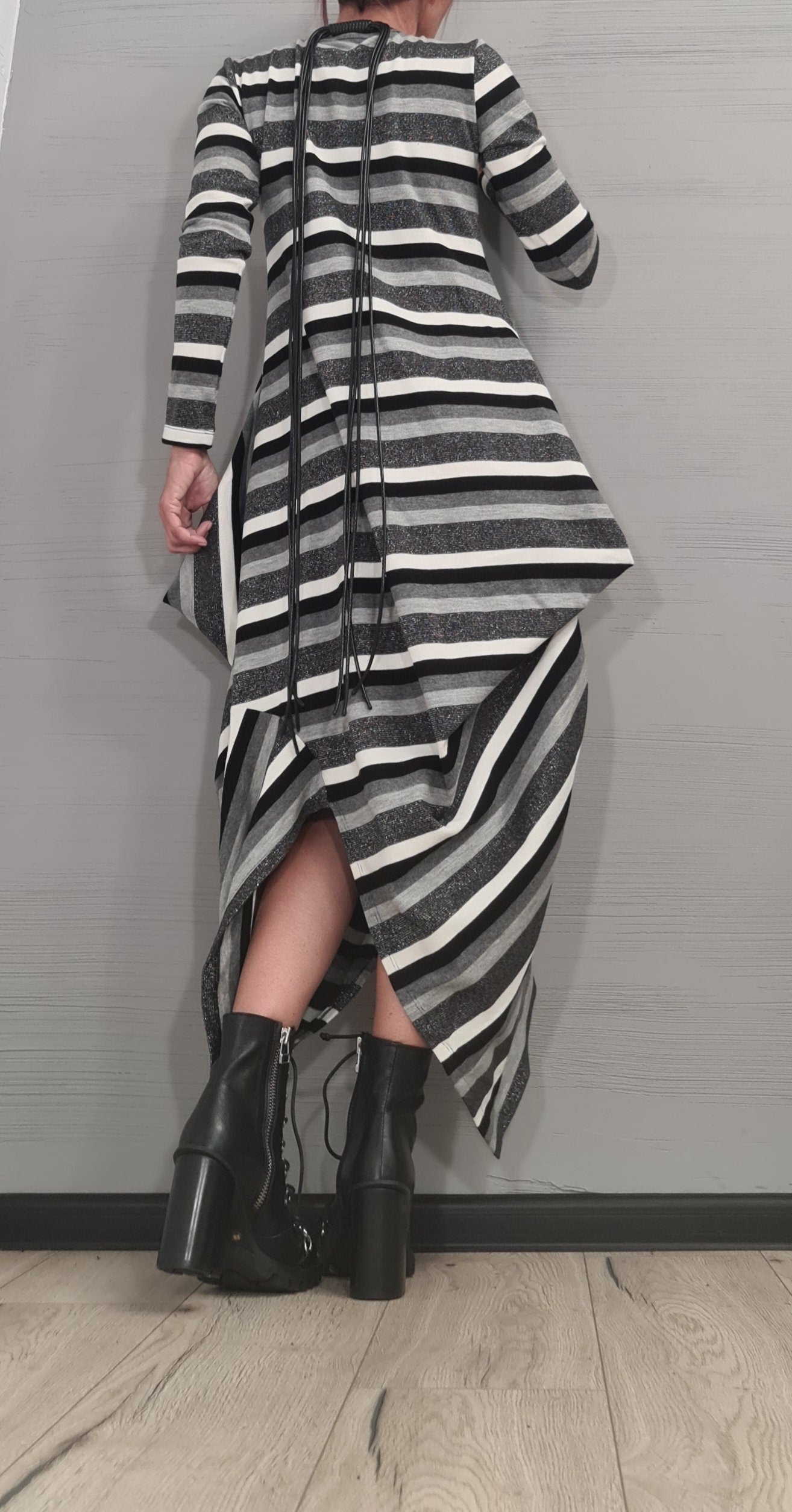 Asymmetric Long Dress, Extravagant Fit Dress, White-black-silver stripe, Plus Size, Oversize Dress, Gothic Dress, Drape Dress, Loose Dress