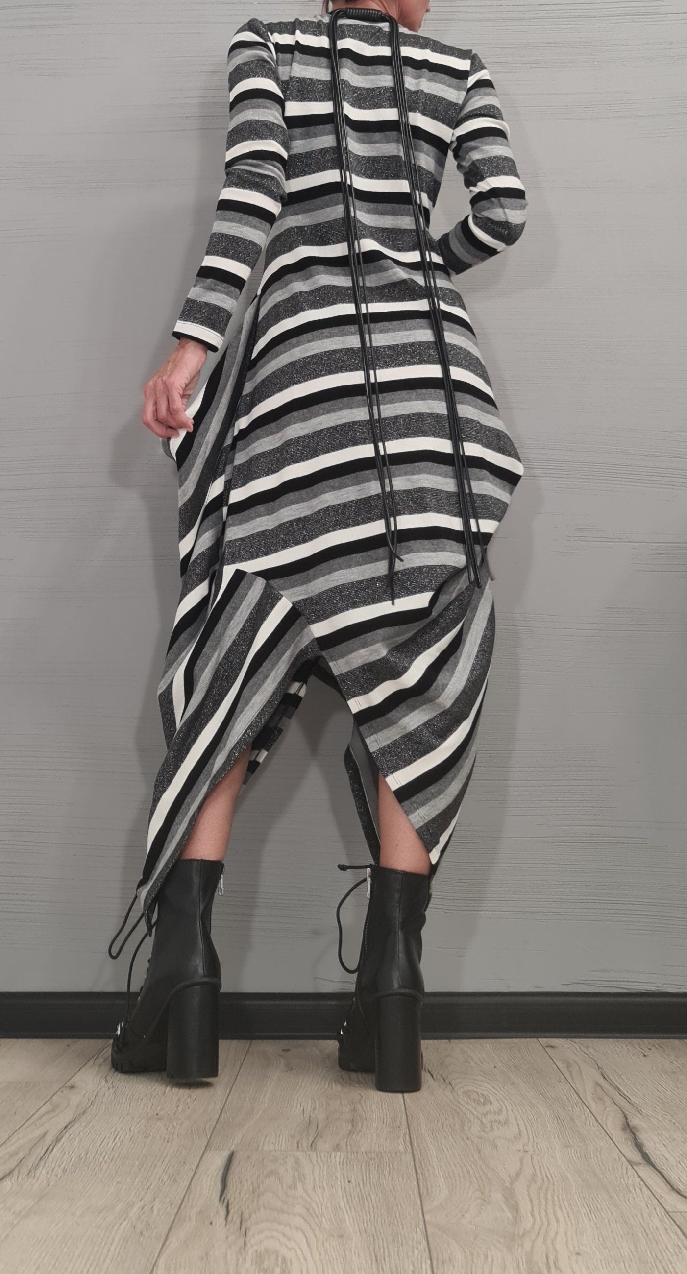 Asymmetric Long Dress, Extravagant Fit Dress, White-black-silver stripe, Plus Size, Oversize Dress, Gothic Dress, Drape Dress, Loose Dress
