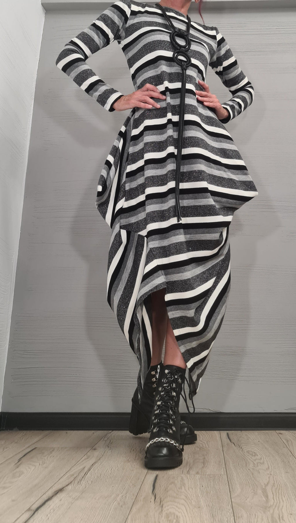 Asymmetric Long Dress, Extravagant Fit Dress, White-black-silver stripe, Plus Size, Oversize Dress, Gothic Dress, Drape Dress, Loose Dress