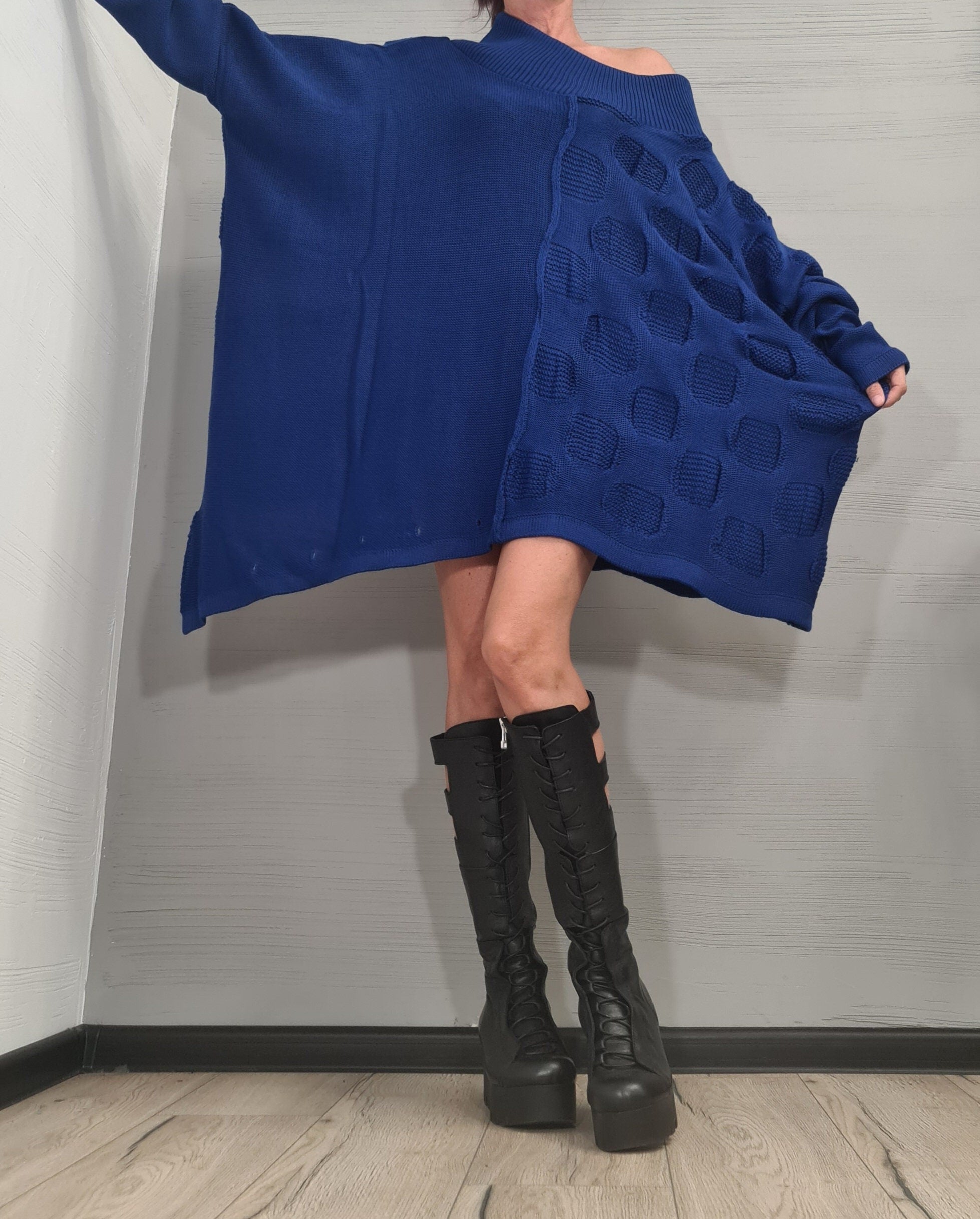 Asymmetrical Tunic, Avant Garde Tunic, Knitted Tunic Dress, Royal Blue Top, Gothic tunic, Loose Long Sleeve Top,New collection