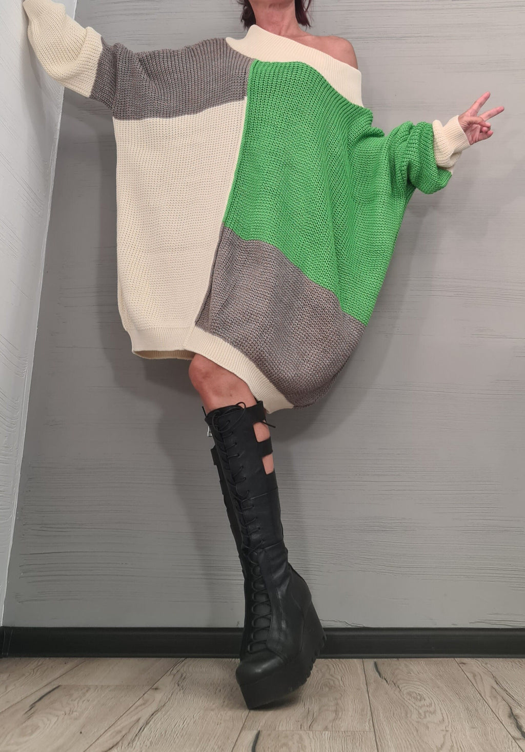 Asymmetrical Knitted Tunic Dress, Knit Dress for Women, Loose Knit Sweater, Oversize Sweater, Off Shoulder Knit Sweater, Plus Size