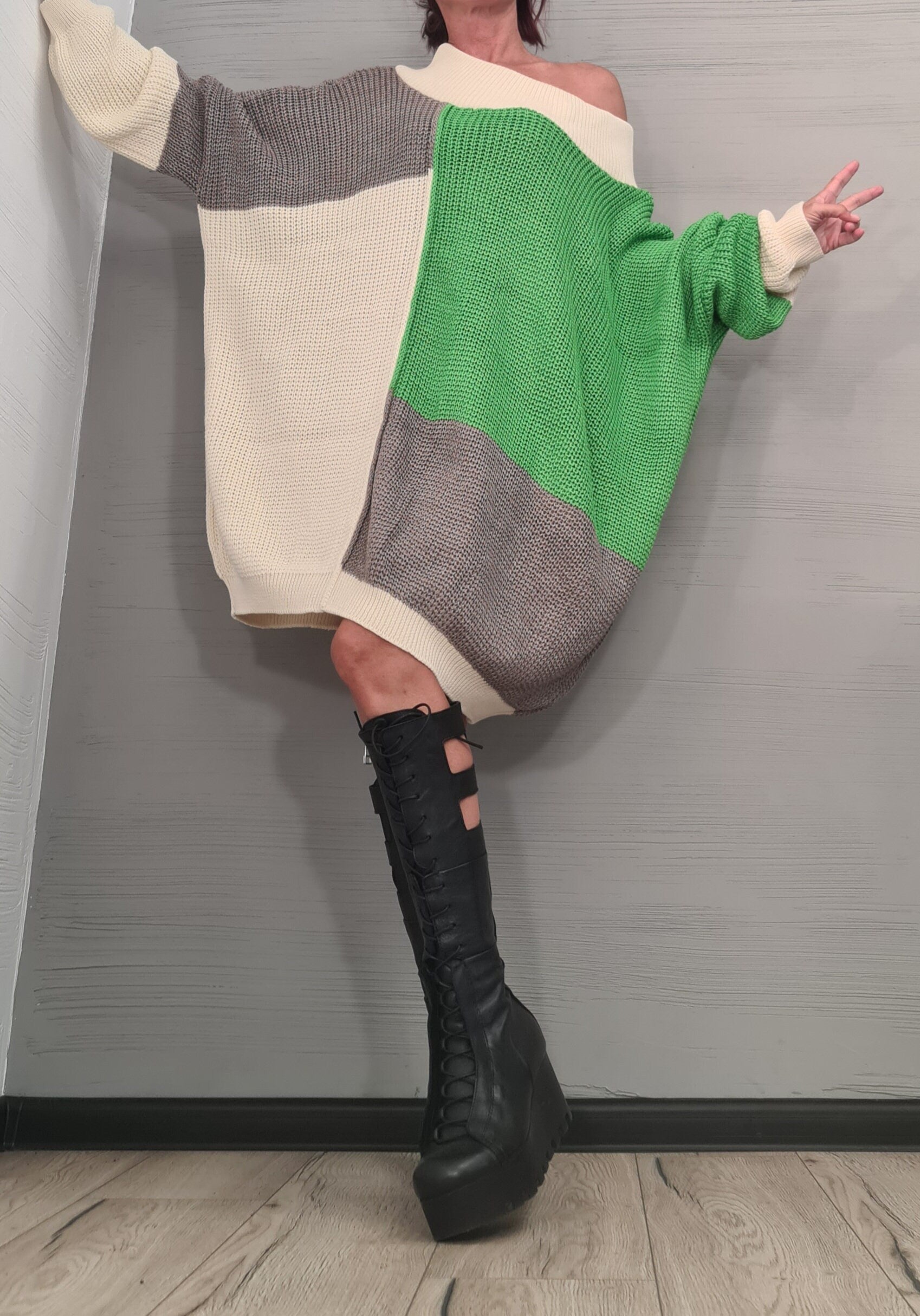 Asymmetrical Knitted Tunic Dress, Knit Dress for Women, Loose Knit Sweater, Oversize Sweater, Off Shoulder Knit Sweater, Plus Size