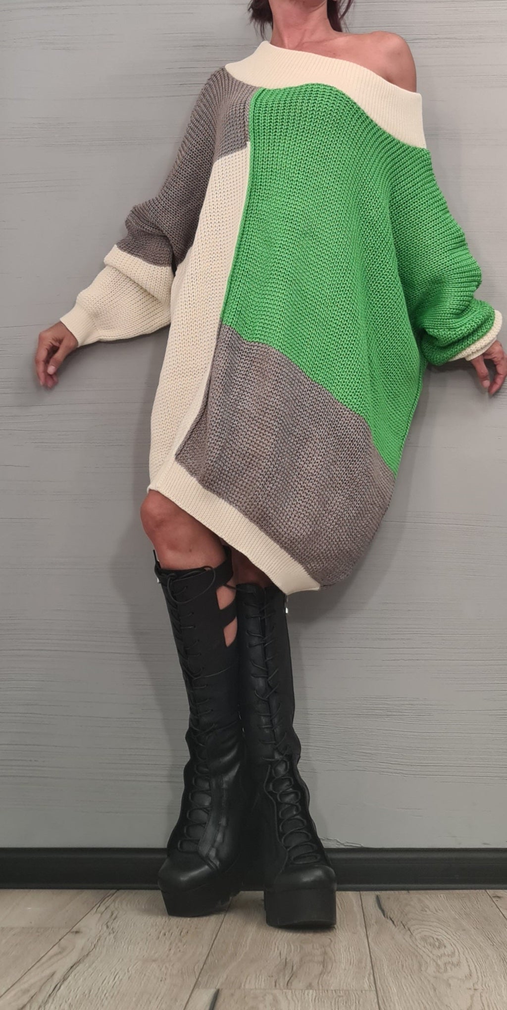 Asymmetrical Knitted Tunic Dress, Knit Dress for Women, Loose Knit Sweater, Oversize Sweater, Off Shoulder Knit Sweater, Plus Size