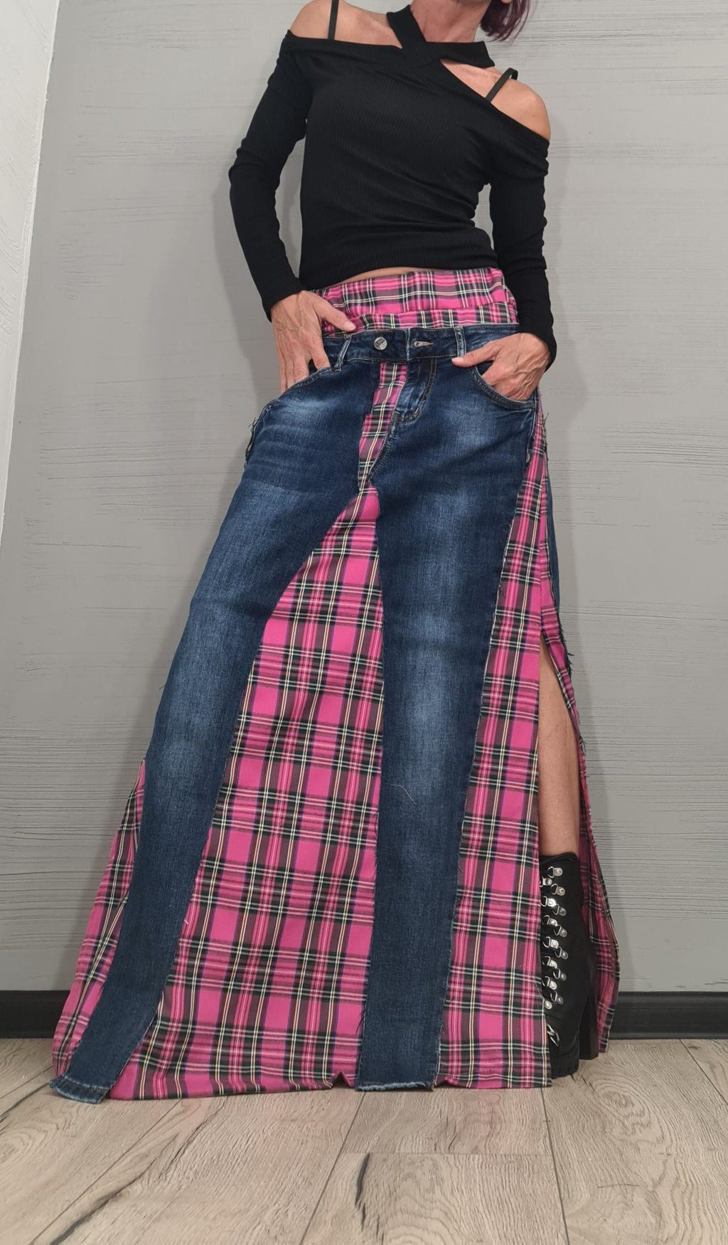 New collection Extravagant Long Skirt, Denim Pink Square Skirt, Deconstructed Avant Garde Skirt