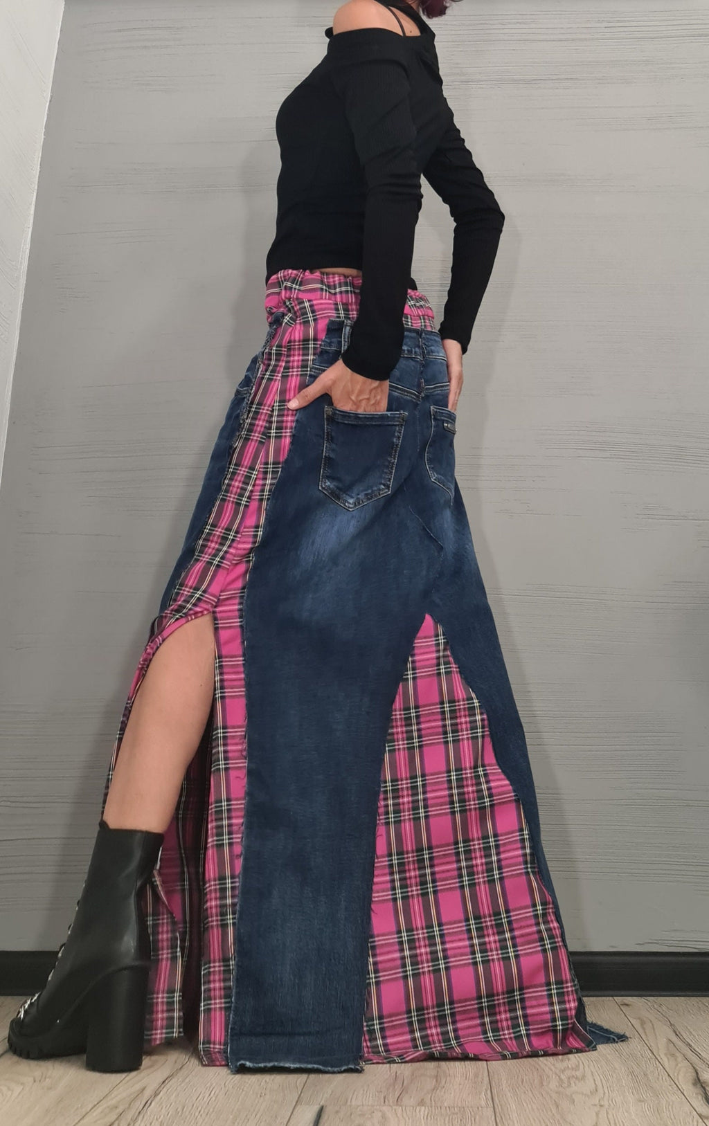 New collection Extravagant Long Skirt, Denim Pink Square Skirt, Deconstructed Avant Garde Skirt