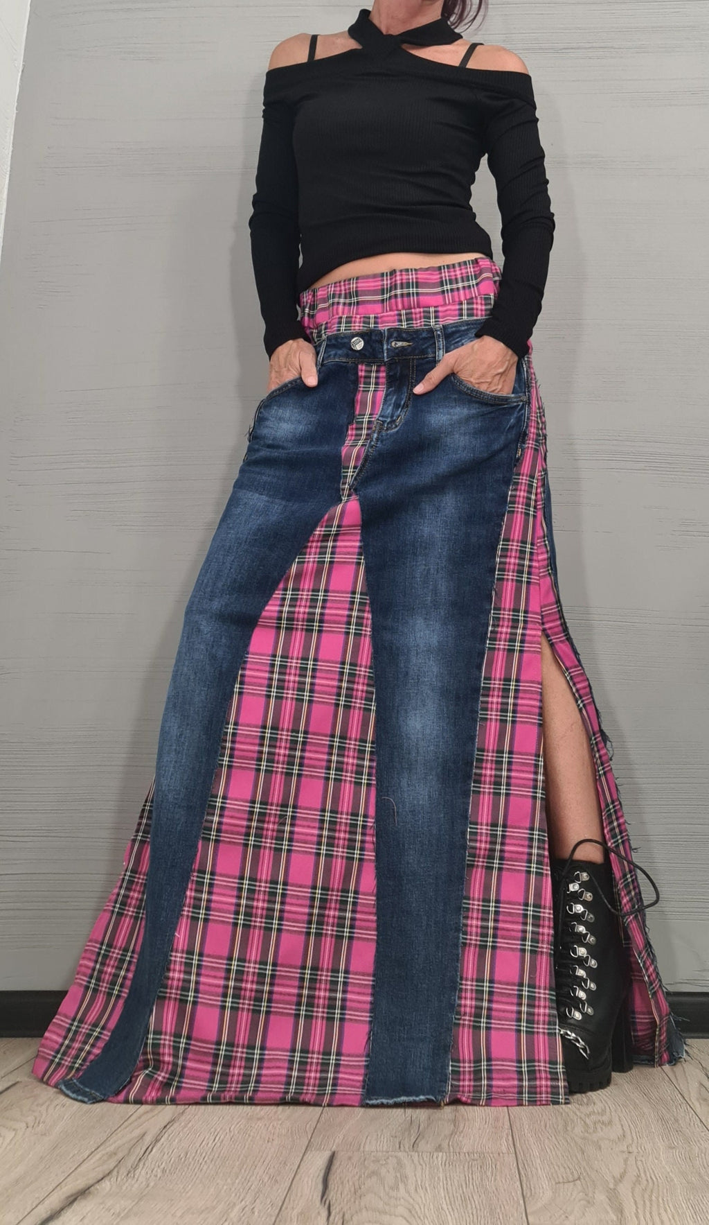 New collection Extravagant Long Skirt, Denim Pink Square Skirt, Deconstructed Avant Garde Skirt