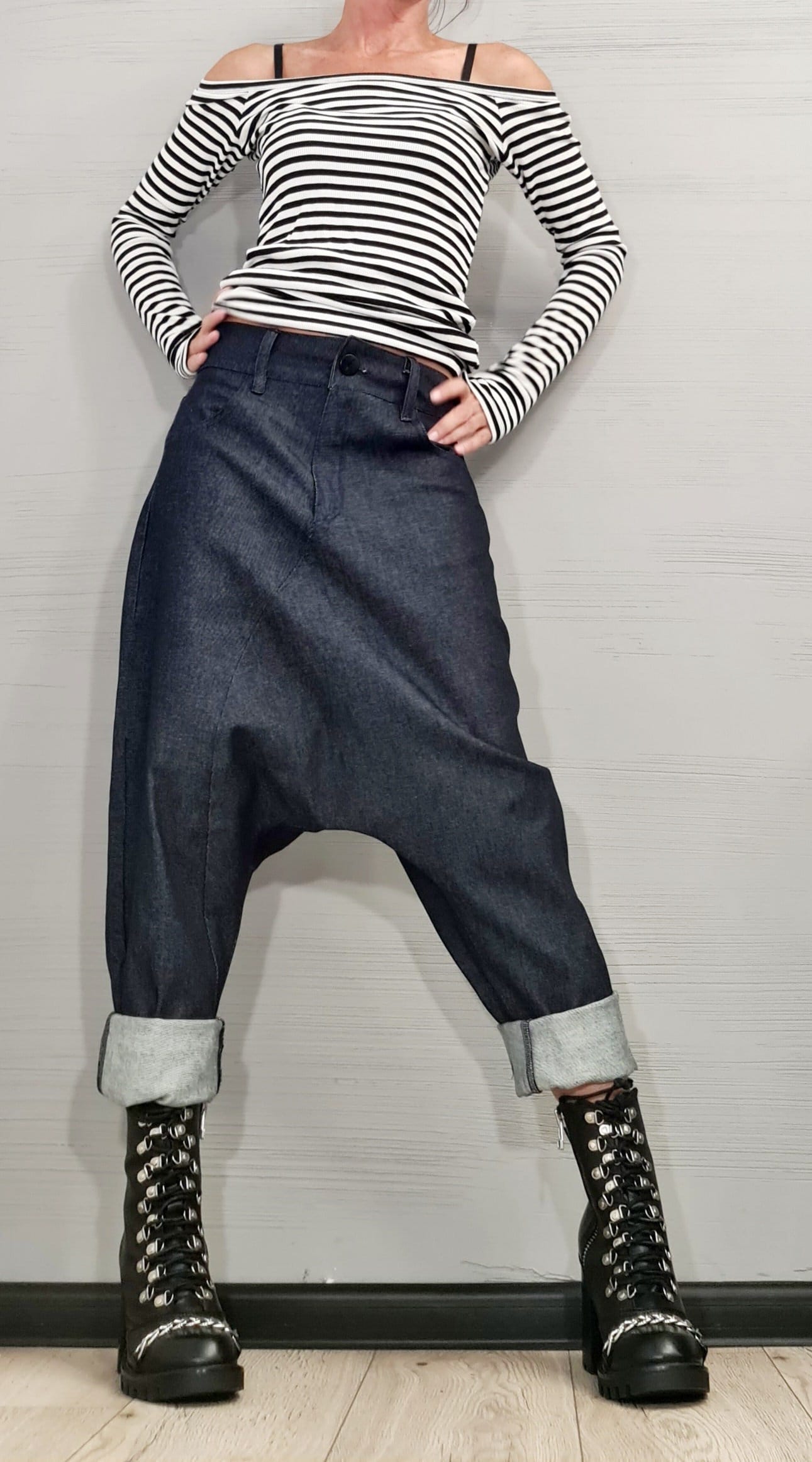 Beige Denim Harem Pants, Extravagant Pants, Unisex Denim, Women Denim Harem, DRESSSHOESCODE