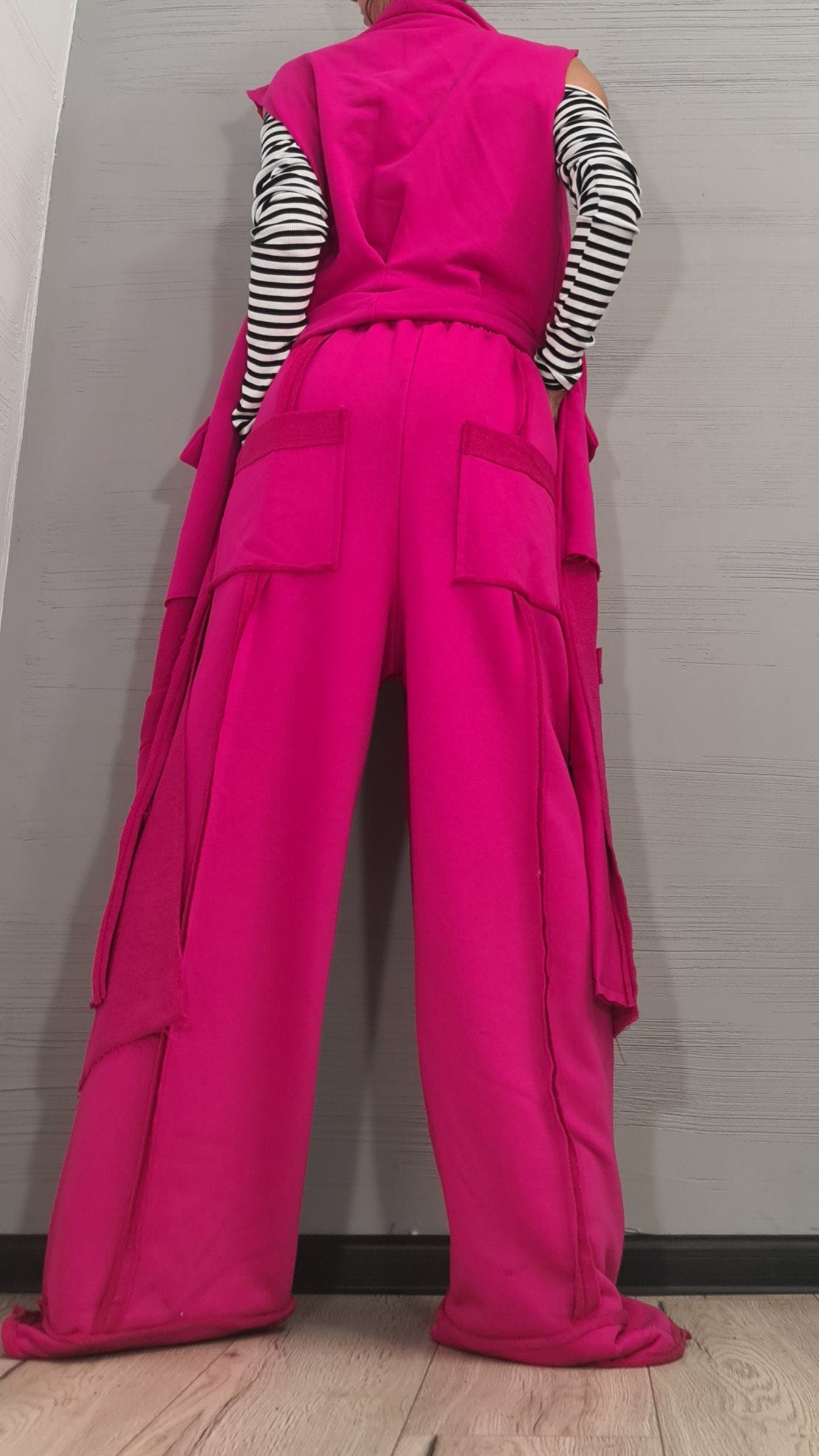 Outwear Women Set, Wide Leg Pants, Vest Long Short, Extravagant Cotton Set, Extravagant Vest, Asymmetrical Set