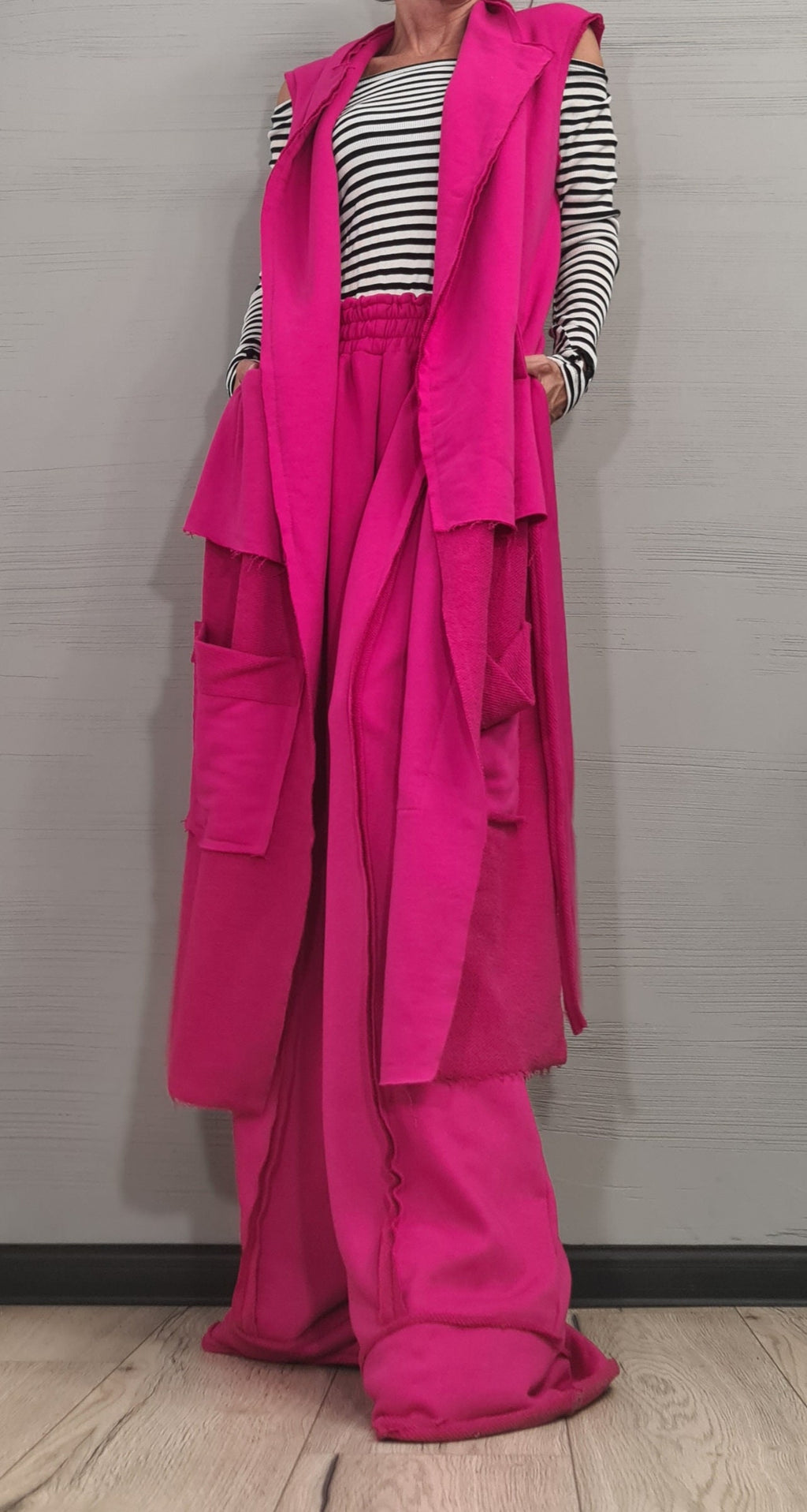 Outwear Women Set, Wide Leg Pants, Vest Long Short, Extravagant Cotton Set, Extravagant Vest, Asymmetrical Set