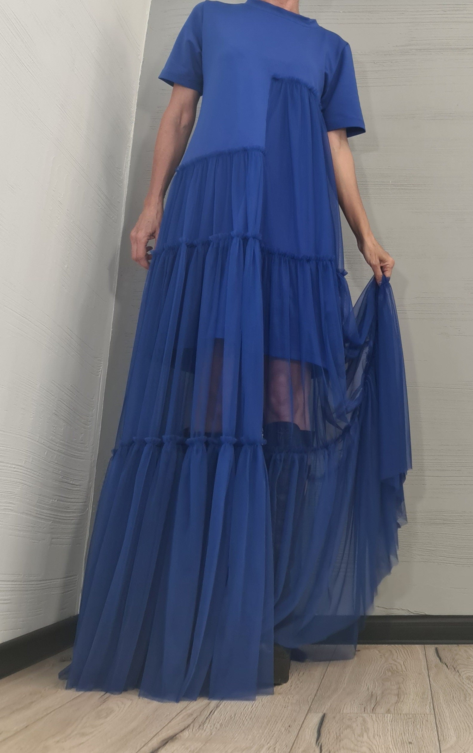 New collection Royal blue Extravagant Dress, Asymmetric Dress, Plus Size Clothing, Maxi Dress, Cocktail Dress, Party Tull Dress, Sexy Dress