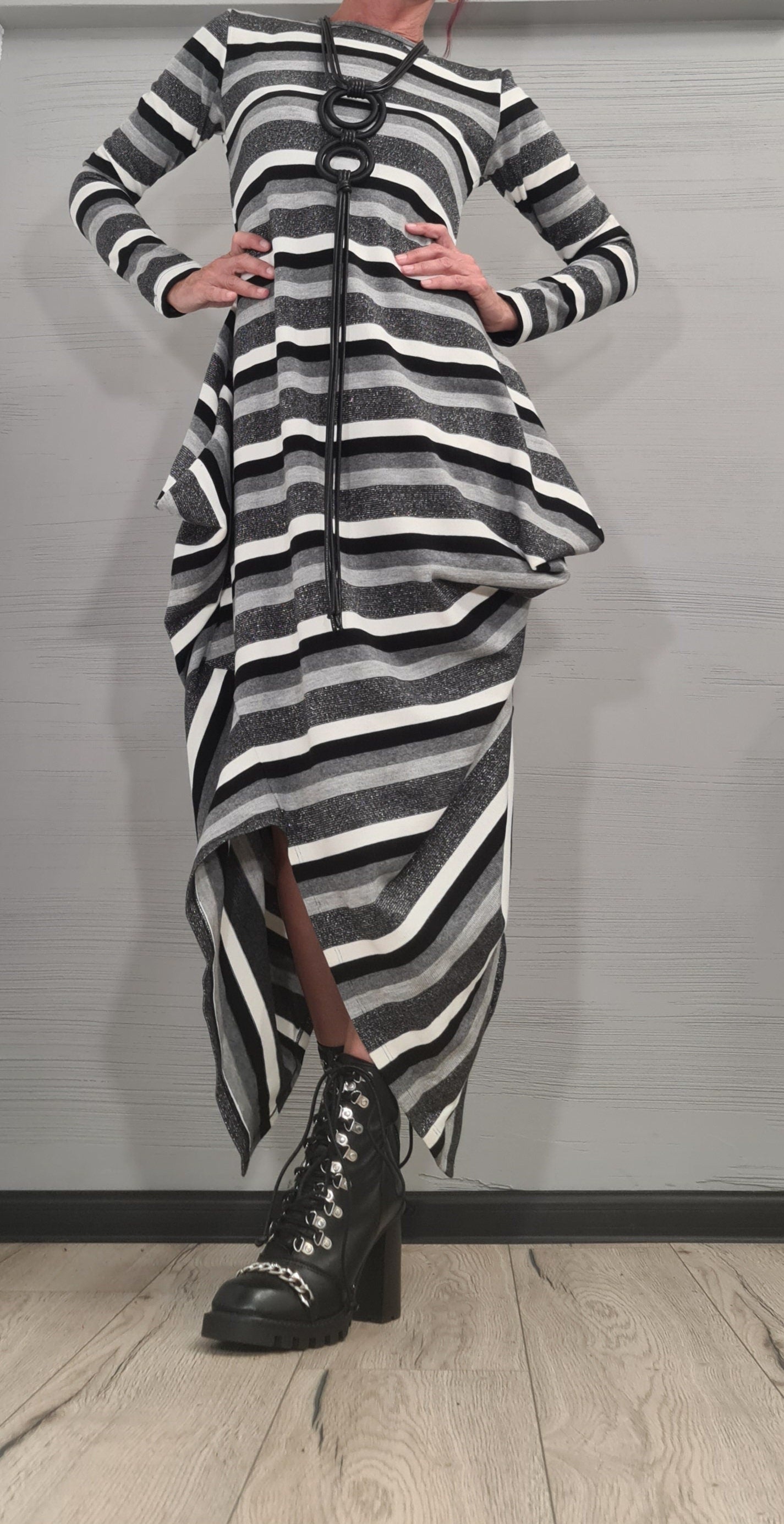 Asymmetric Long Dress, Extravagant Fit Dress, White-black-silver stripe, Plus Size, Oversize Dress, Gothic Dress, Drape Dress, Loose Dress