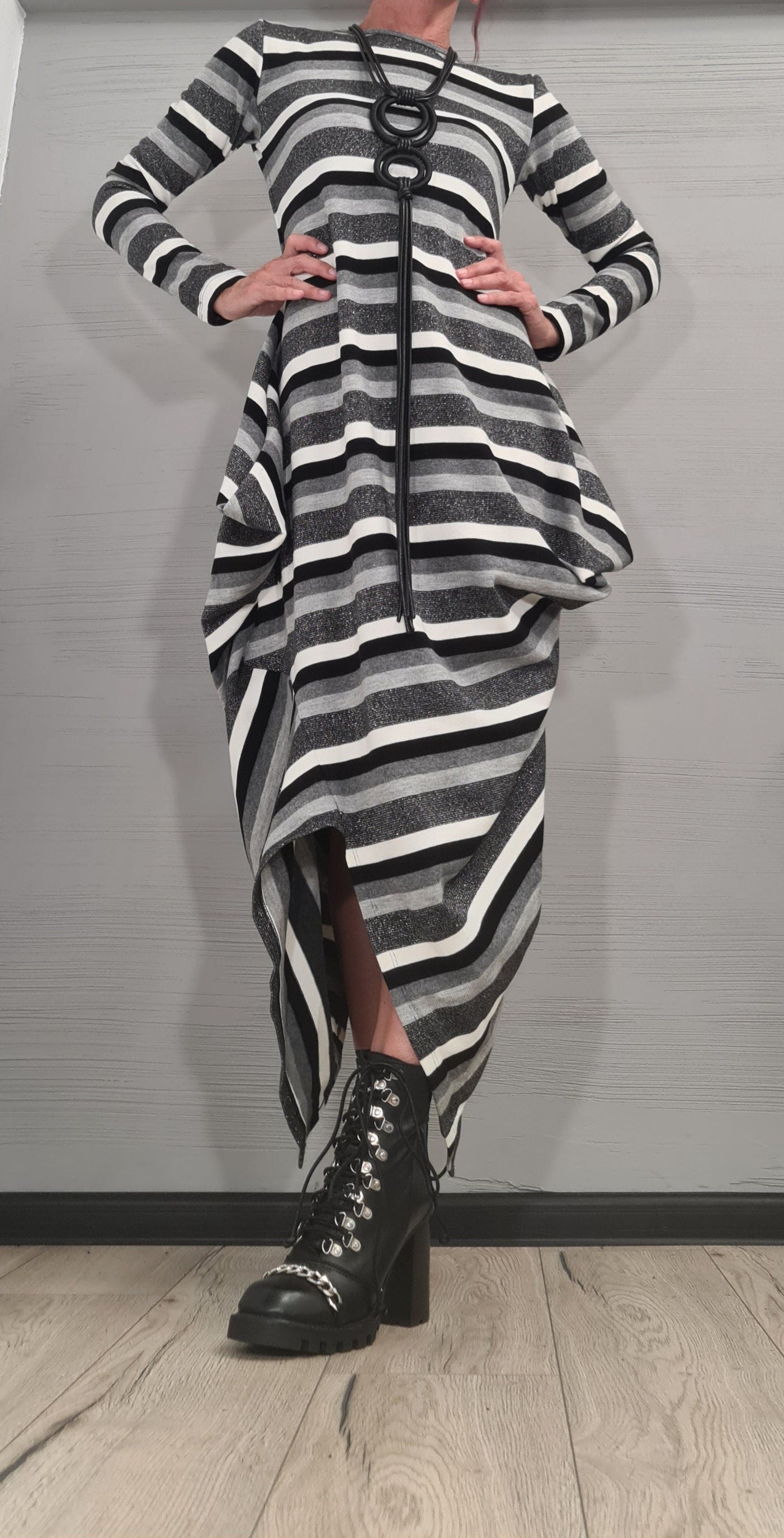 Asymmetric Long Dress, Extravagant Fit Dress, White-black-silver stripe, Plus Size, Oversize Dress, Gothic Dress, Drape Dress, Loose Dress