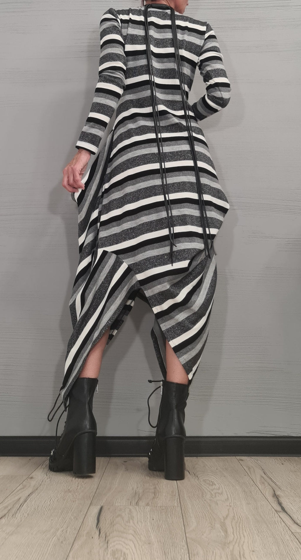 Asymmetric Long Dress, Extravagant Fit Dress, White-black-silver stripe, Plus Size, Oversize Dress, Gothic Dress, Drape Dress, Loose Dress