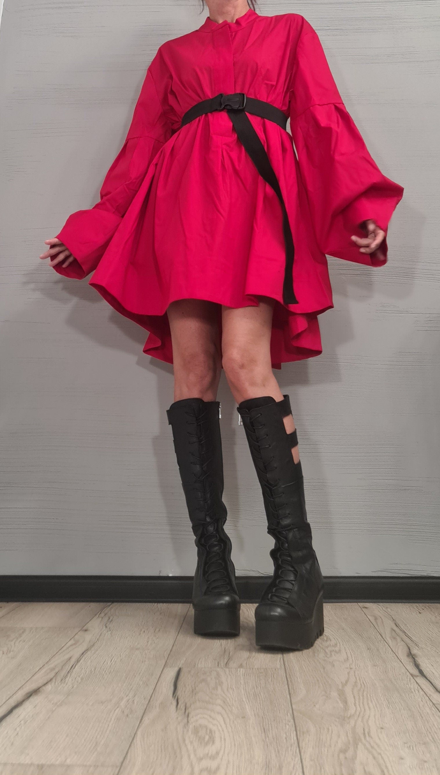 Extravagant  Red Shirt Dress, Loose Shirt Tunic, Gothic tunic, Extravagant Sleeve, Asymmetric Dress, Oversize Tunic, Casual Long Sleeve Top