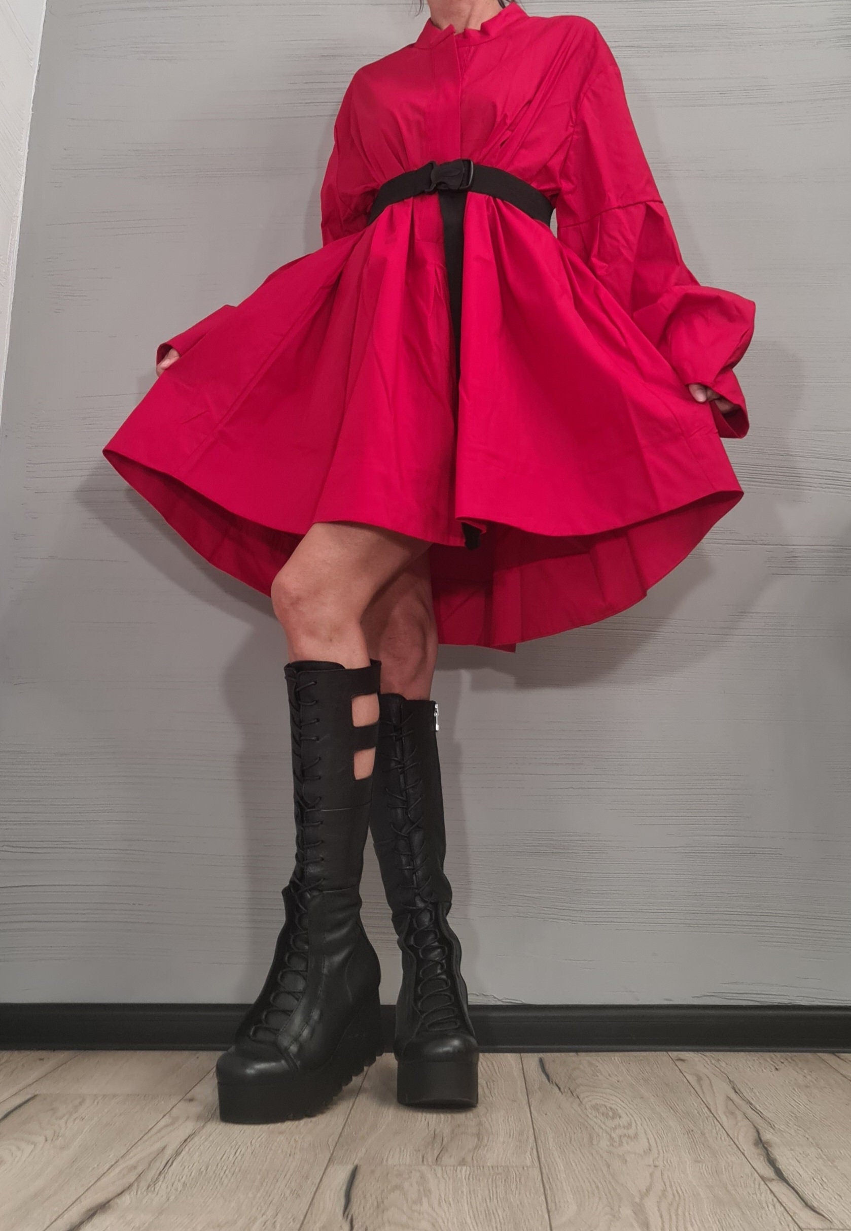 Extravagant  Red Shirt Dress, Loose Shirt Tunic, Gothic tunic, Extravagant Sleeve, Asymmetric Dress, Oversize Tunic, Casual Long Sleeve Top