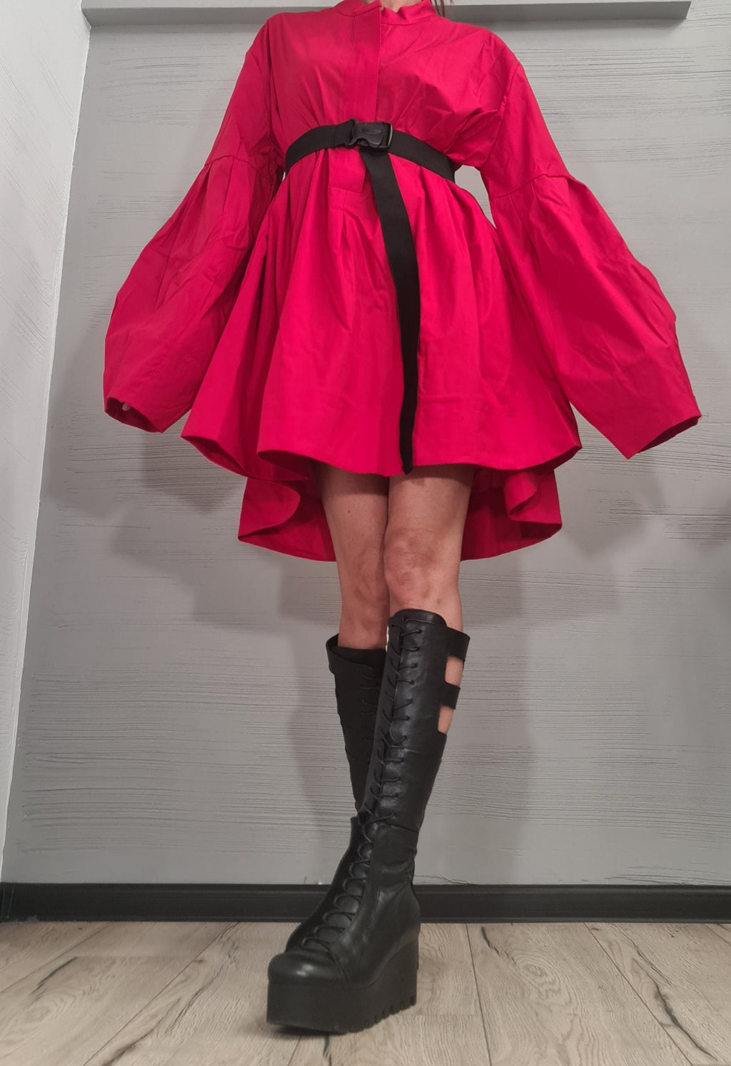 Extravagant  Red Shirt Dress, Loose Shirt Tunic, Gothic tunic, Extravagant Sleeve, Asymmetric Dress, Oversize Tunic, Casual Long Sleeve Top