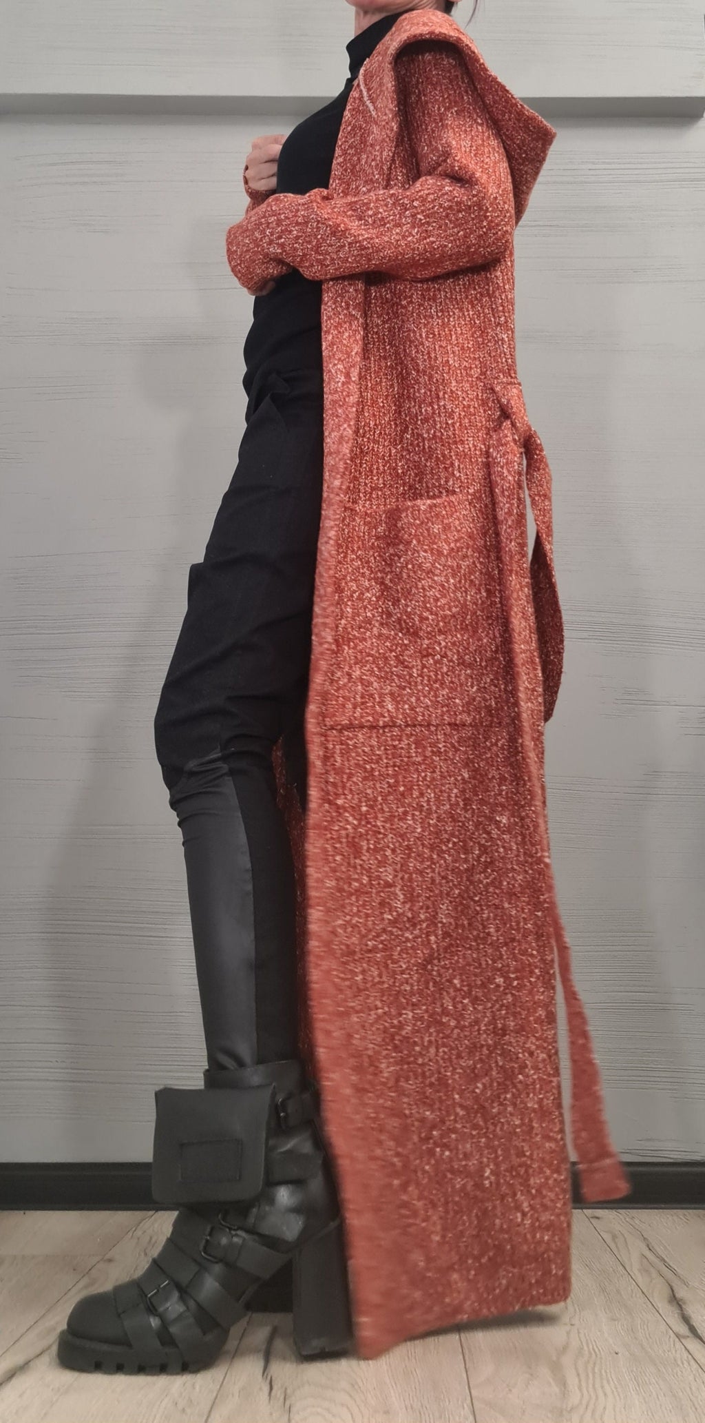 Hooded Cardigan for Women, Oversize Winter Maxi Cardigan, Cloak with Hood, Kimono Knit Cardigan Cape, Oversized Cardigan Brick Orange