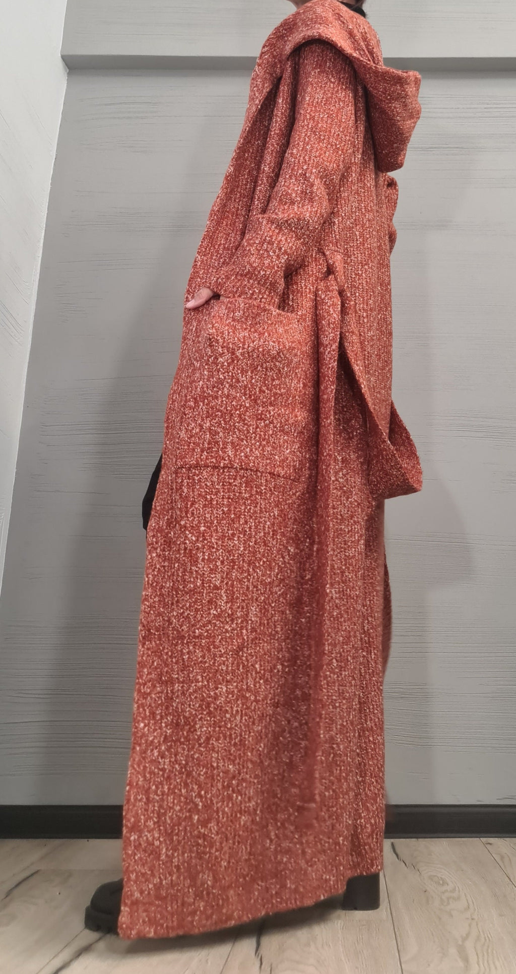 Hooded Cardigan for Women, Oversize Winter Maxi Cardigan, Cloak with Hood, Kimono Knit Cardigan Cape, Oversized Cardigan Brick Orange