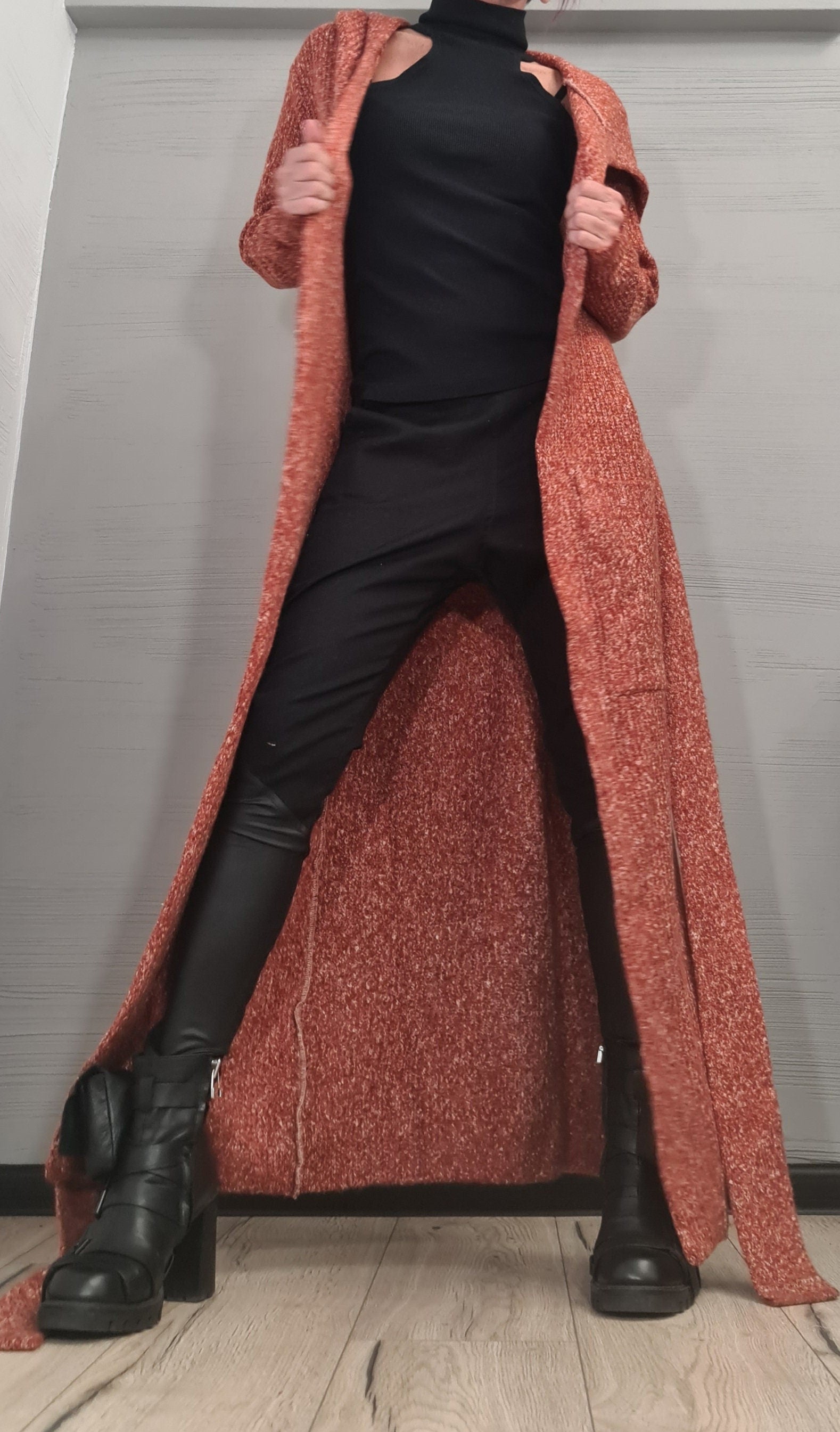 Hooded Cardigan for Women, Oversize Winter Maxi Cardigan, Cloak with Hood, Kimono Knit Cardigan Cape, Oversized Cardigan Brick Orange