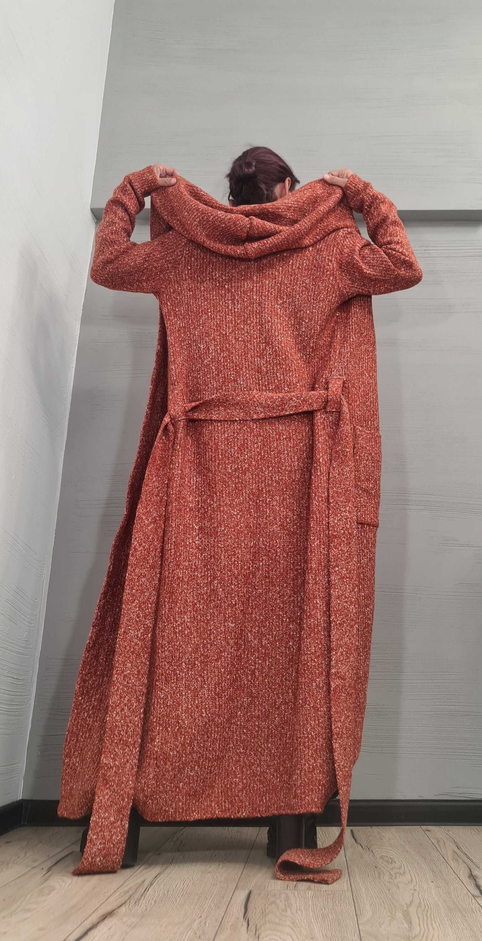 Hooded Cardigan for Women, Oversize Winter Maxi Cardigan, Cloak with Hood, Kimono Knit Cardigan Cape, Oversized Cardigan Brick Orange