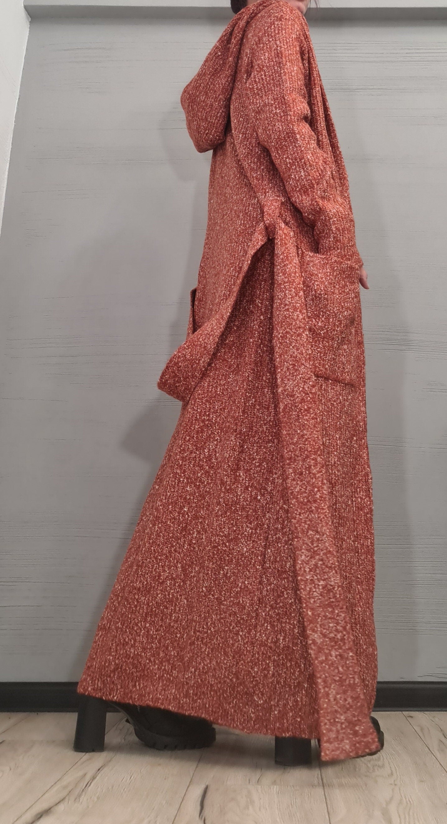 Hooded Cardigan for Women, Oversize Winter Maxi Cardigan, Cloak with Hood, Kimono Knit Cardigan Cape, Oversized Cardigan Brick Orange