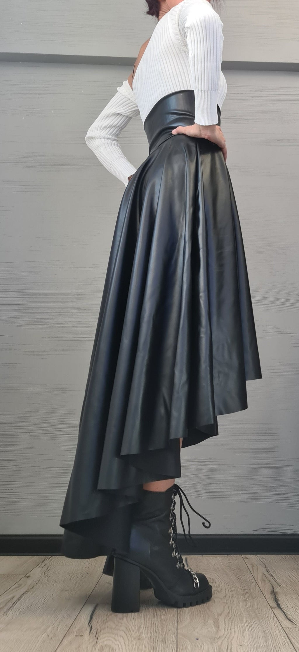 New Collection Eco Leather Skirt, High Waist Black Skirt, Asymmetric Skirt, Extravagant Woman Skirt, Short Long Skirt, Wedding Skirt