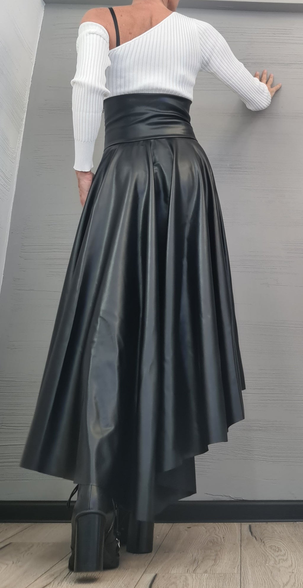 New Collection Eco Leather Skirt, High Waist Black Skirt, Asymmetric Skirt, Extravagant Woman Skirt, Short Long Skirt, Wedding Skirt