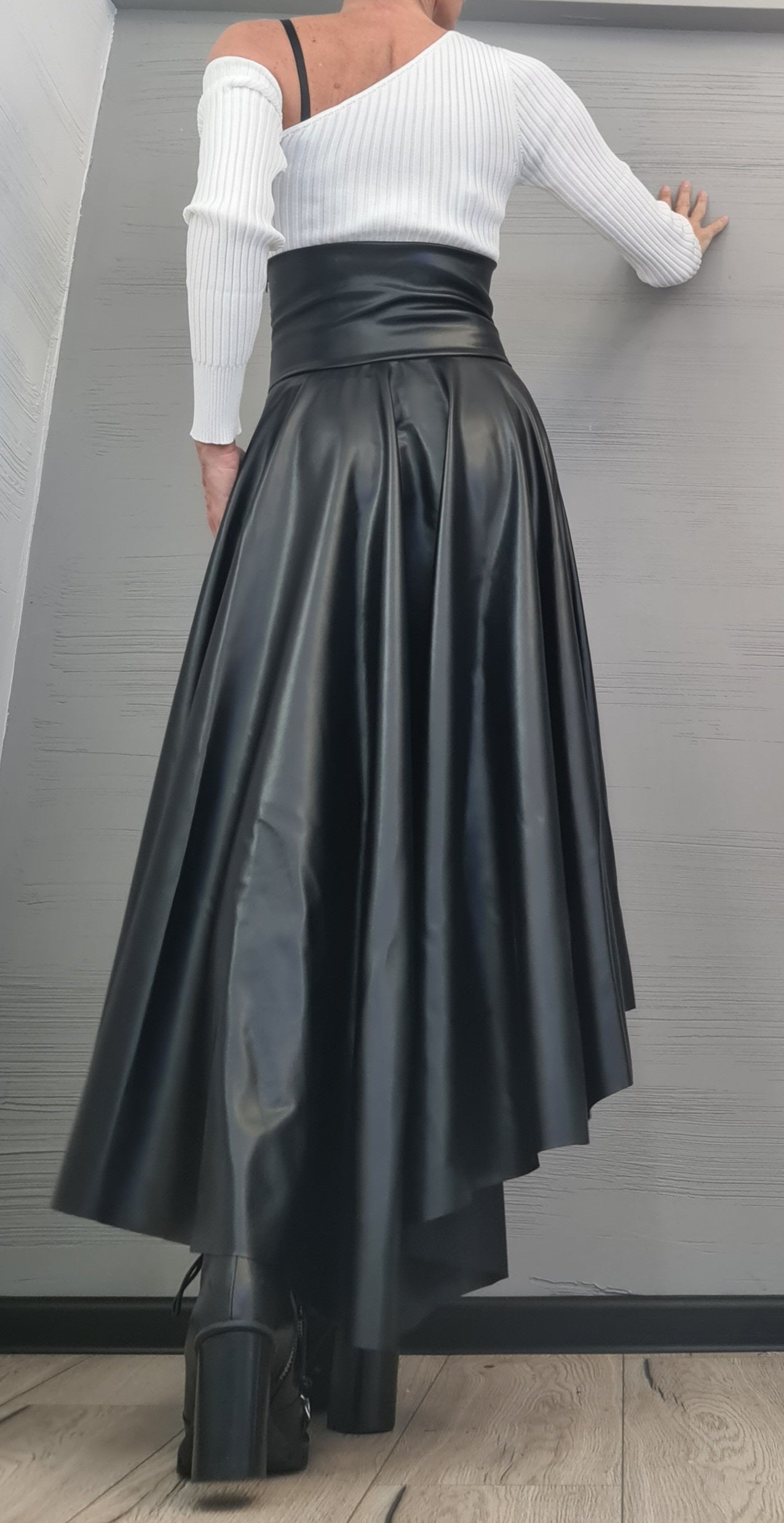 New Collection Eco Leather Skirt, High Waist Black Skirt, Asymmetric Skirt, Extravagant Woman Skirt, Short Long Skirt, Wedding Skirt