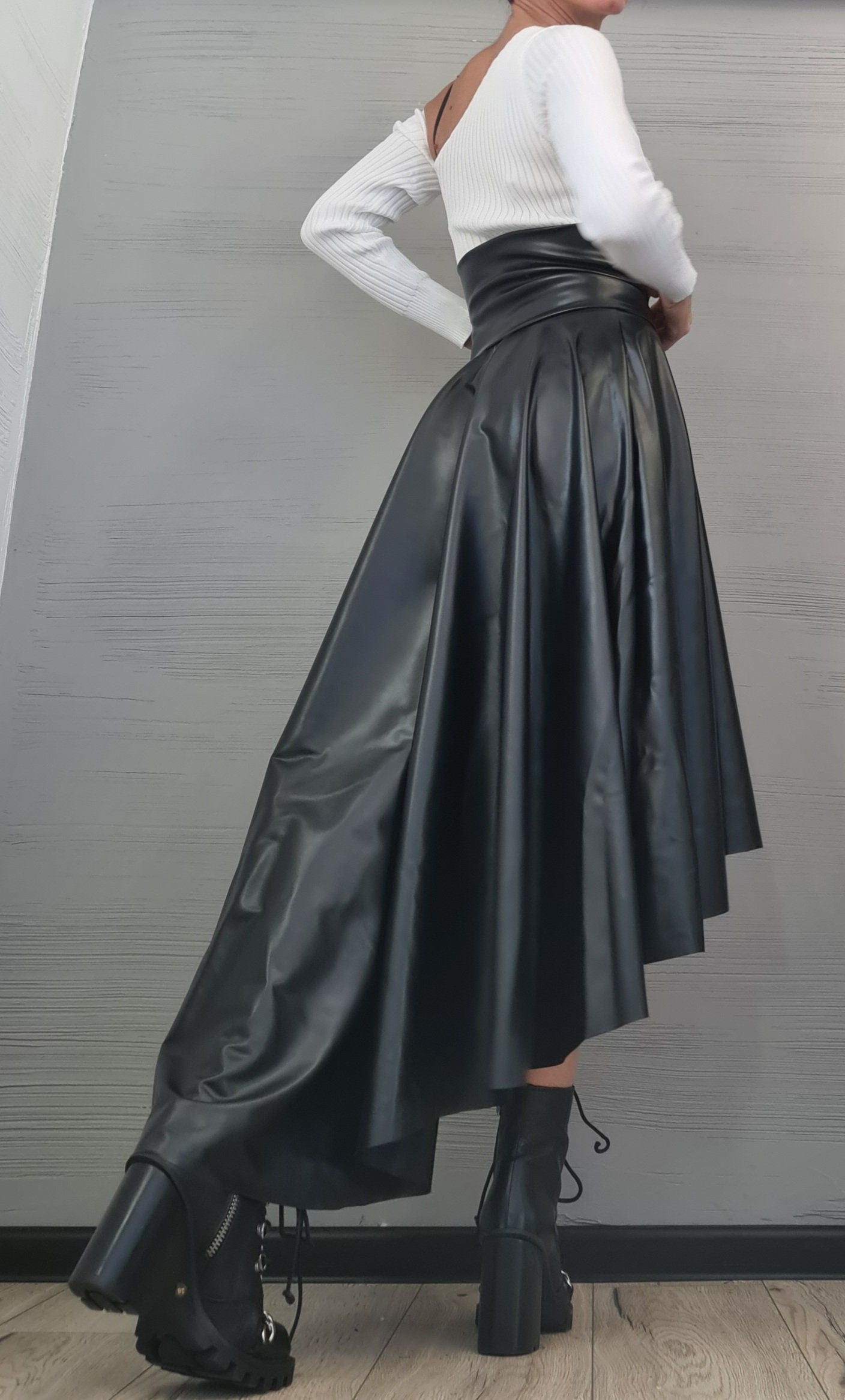 New Collection Eco Leather Skirt, High Waist Black Skirt, Asymmetric Skirt, Extravagant Woman Skirt, Short Long Skirt, Wedding Skirt