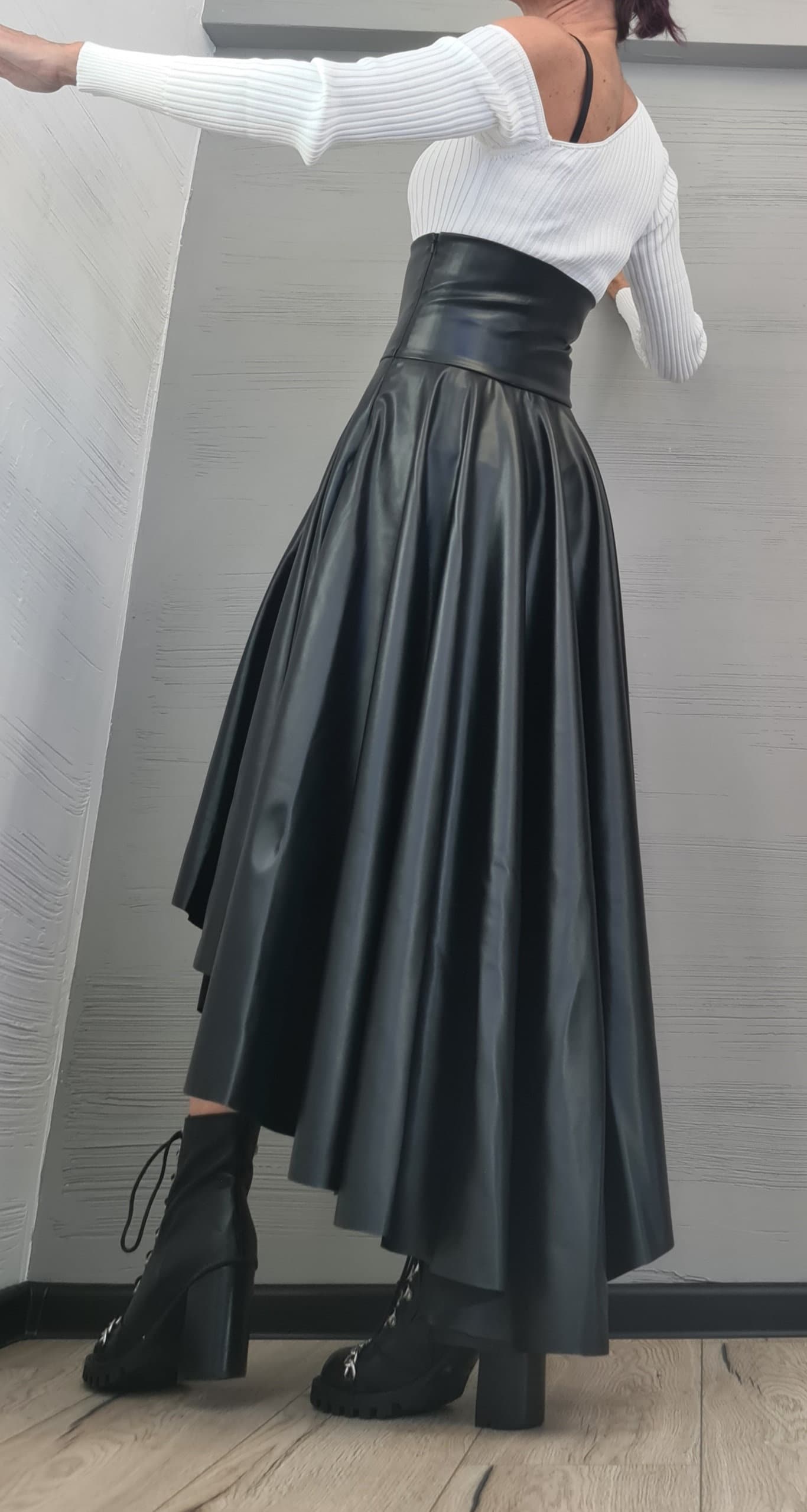 New Collection Eco Leather Skirt, High Waist Black Skirt, Asymmetric Skirt, Extravagant Woman Skirt, Short Long Skirt, Wedding Skirt
