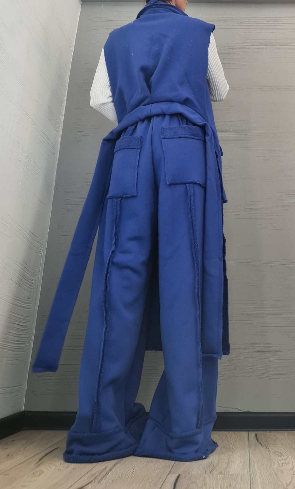 Outwear Women Set, Wide Leg Pants, Vest Long Short, Extravagant Cotton Set, Extravagant Vest, Asymmetrical Set Royal Blue