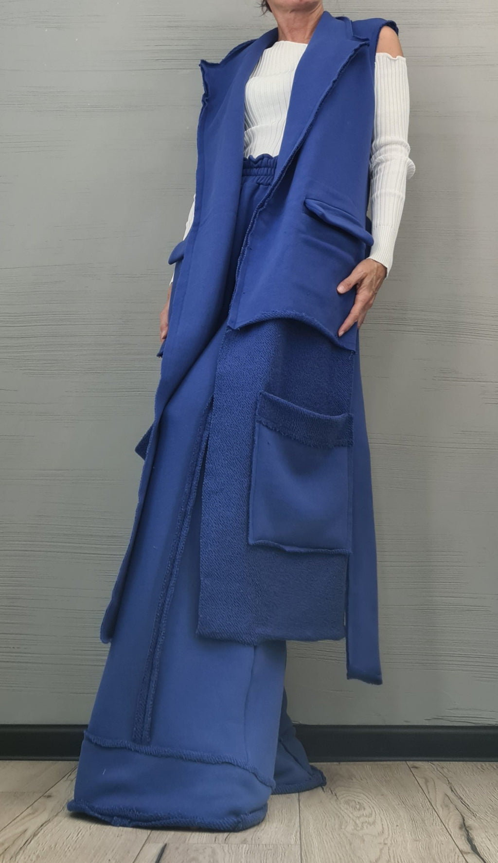 Outwear Women Set, Wide Leg Pants, Vest Long Short, Extravagant Cotton Set, Extravagant Vest, Asymmetrical Set Royal Blue
