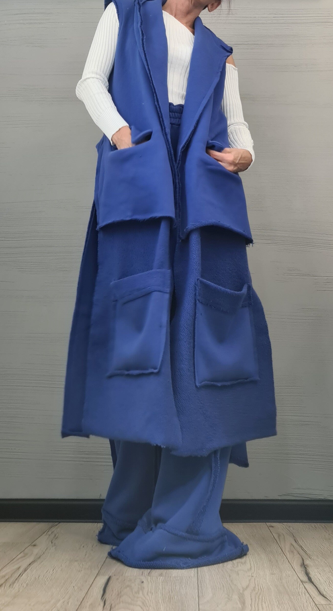 Outwear Women Set, Wide Leg Pants, Vest Long Short, Extravagant Cotton Set, Extravagant Vest, Asymmetrical Set Royal Blue