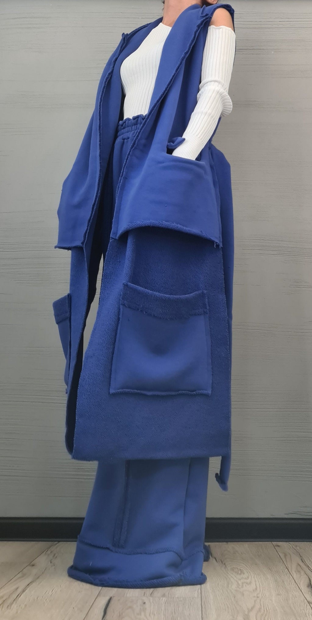 Outwear Women Set, Wide Leg Pants, Vest Long Short, Extravagant Cotton Set, Extravagant Vest, Asymmetrical Set Royal Blue