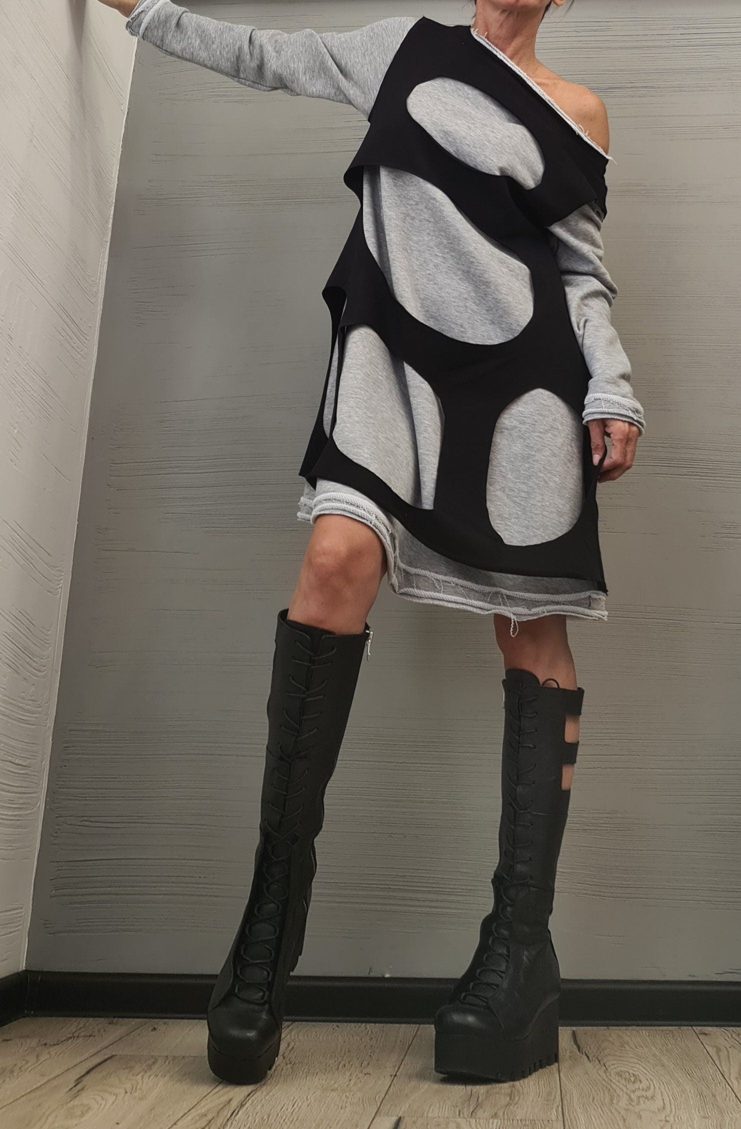 Dress in two parts, Asymmetric Dress, Plus Size Clothing, Cotton Dress, Loose Fit Dress, Long Sleeve Dress, Extravagant Dress