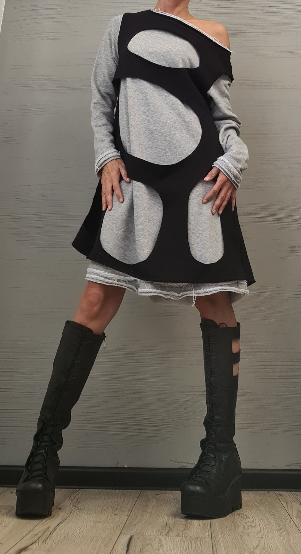 Dress in two parts, Asymmetric Dress, Plus Size Clothing, Cotton Dress, Loose Fit Dress, Long Sleeve Dress, Extravagant Dress