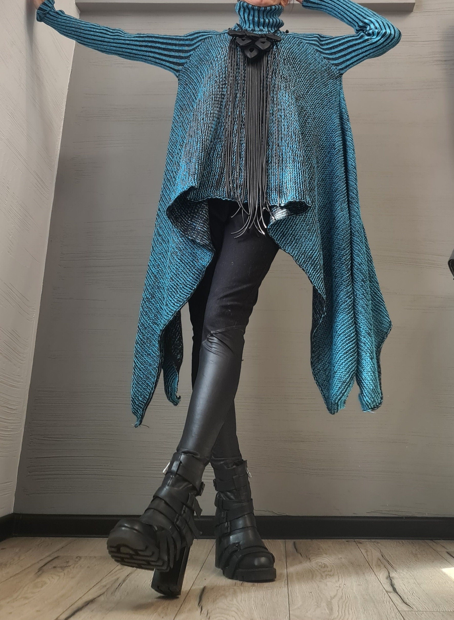 NEW Collection Knitted Sexy Turtle Neck Top Blouse, Extravagant Top, Avant Garde Blouse, Sexy Top, Long sleeve, Turquoise