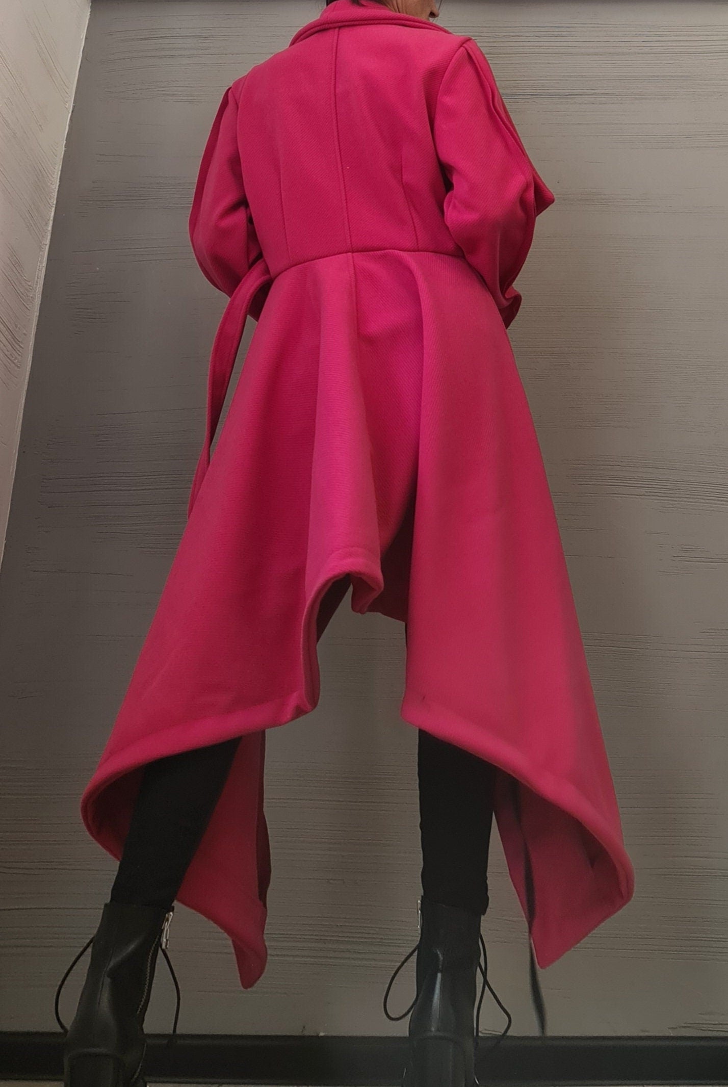 Asymmetric Extravagant Long Coat, Wool Coat, Gothic Coat, Plus Size Clothing, Winter Women Coat, New collection, Avant Garde Hot Pink Coat
