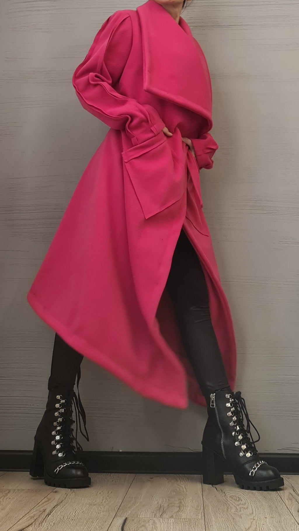 Asymmetric Extravagant Long Coat, Wool Coat, Gothic Coat, Plus Size Clothing, Winter Women Coat, New collection, Avant Garde Hot Pink Coat