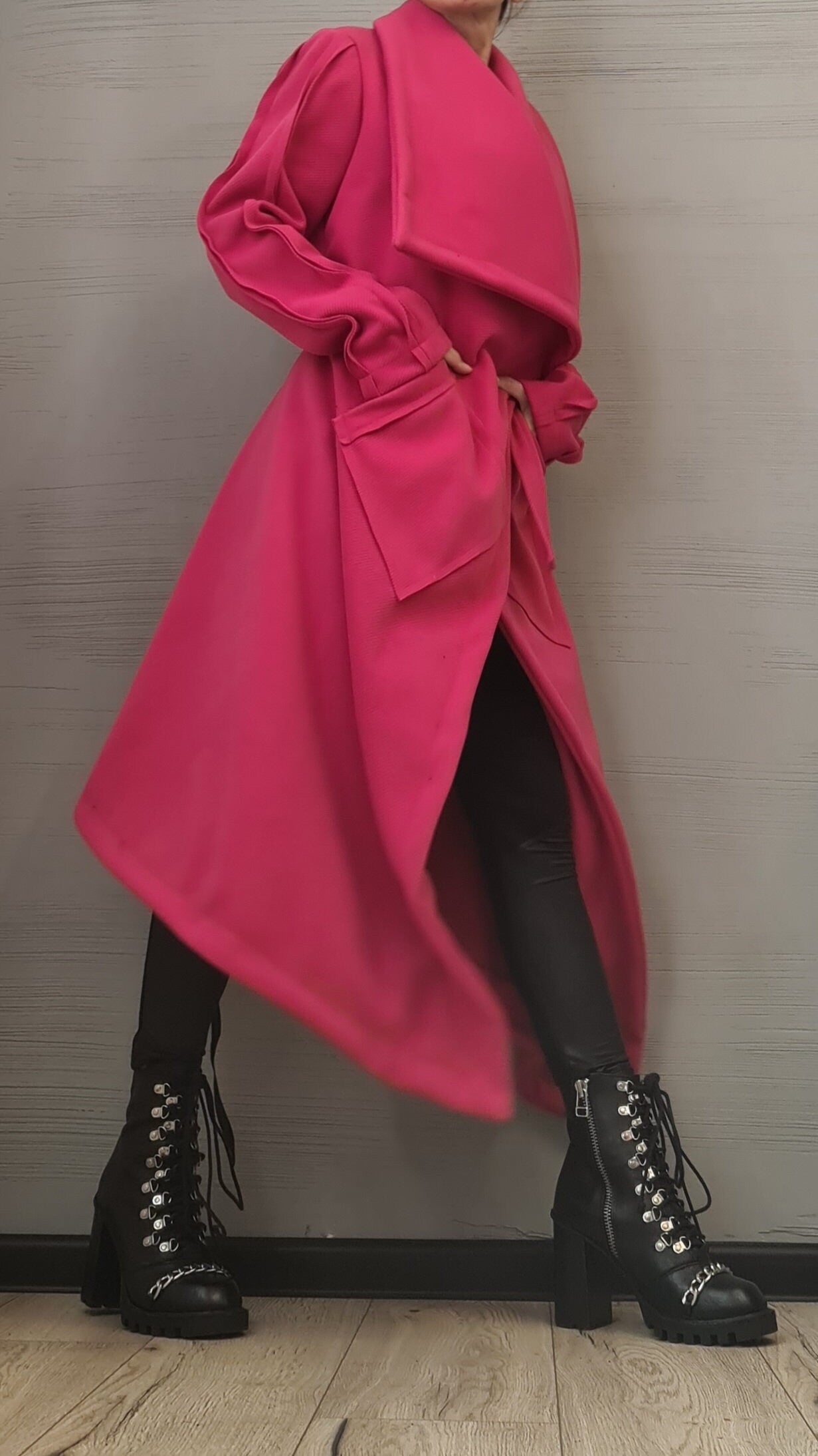Asymmetric Extravagant Long Coat, Wool Coat, Gothic Coat, Plus Size Clothing, Winter Women Coat, New collection, Avant Garde Hot Pink Coat