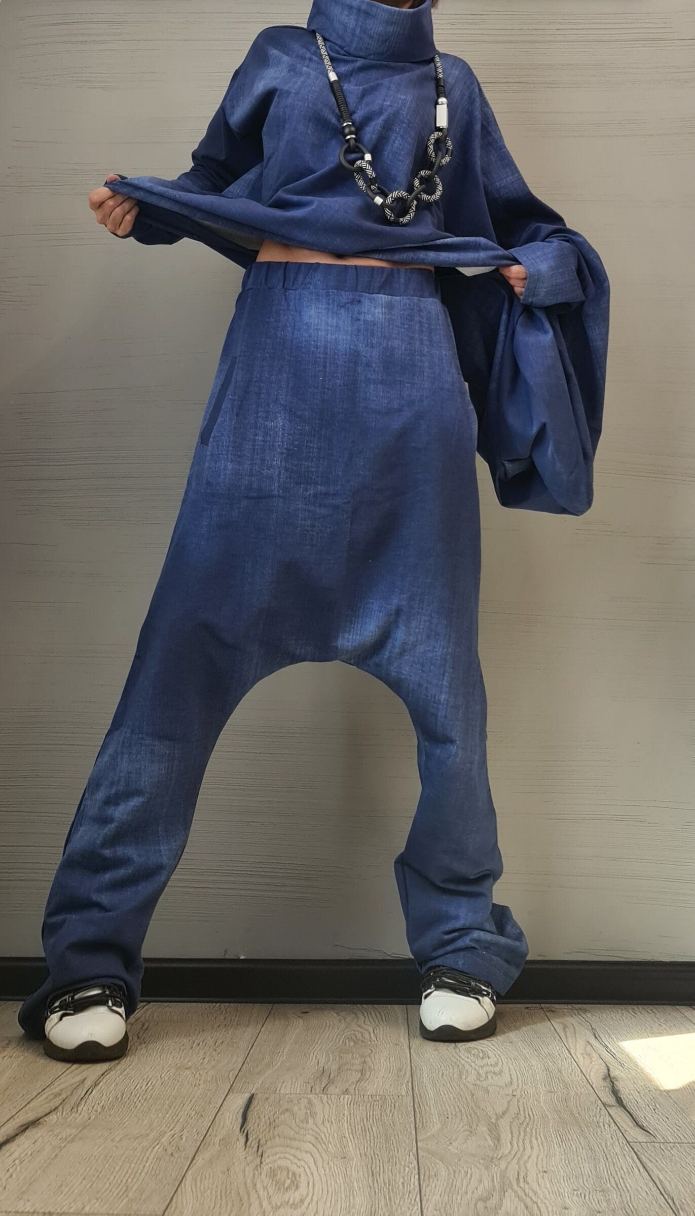 New collection Extravagant Set, Cotton print denim, Harem pant, Asymmetrical Set, Outwear Women Set, Harem Pants, Blouse Asymmetric Sleeves