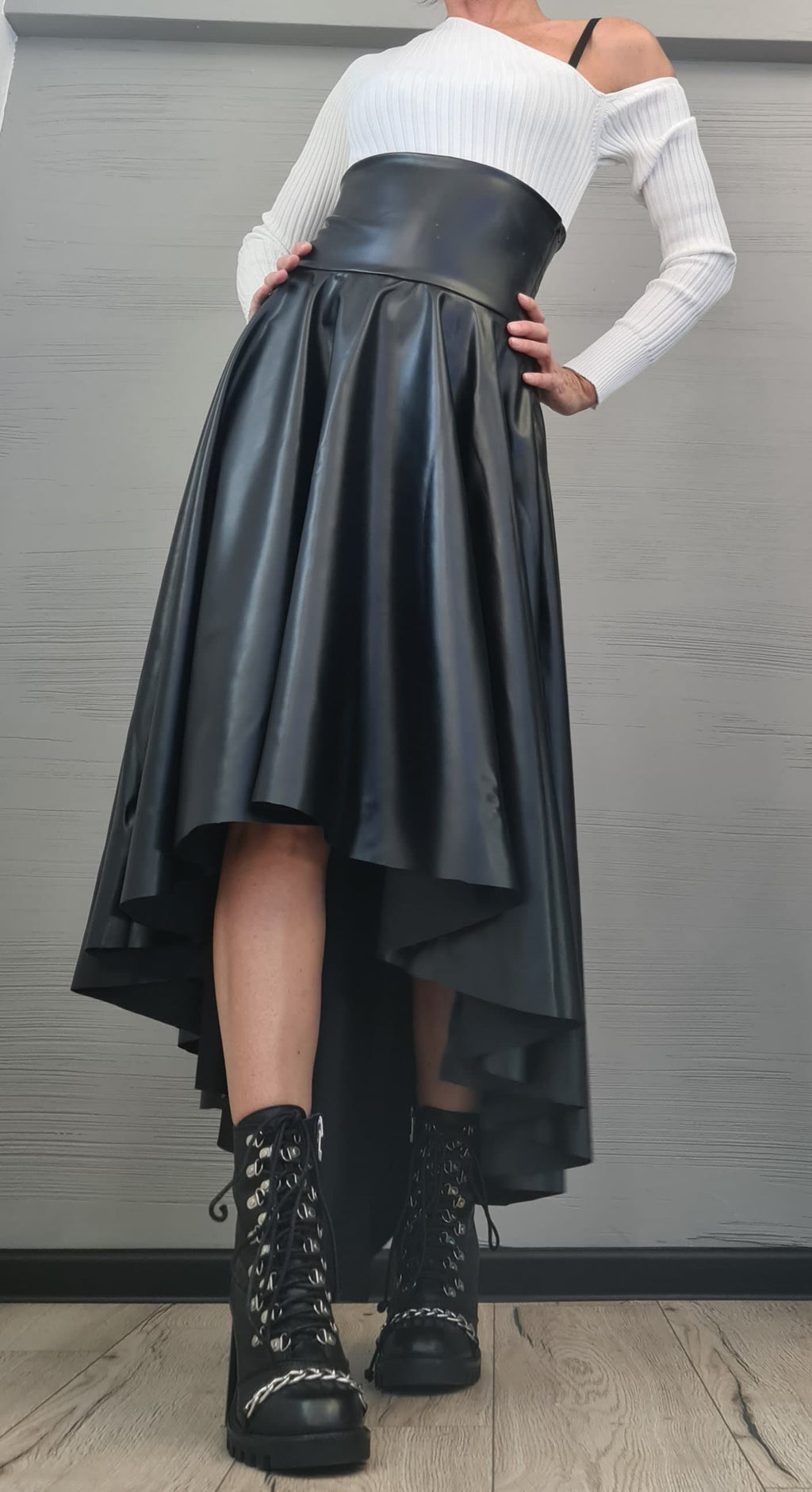 New Collection Eco Leather Skirt, High Waist Black Skirt, Asymmetric Skirt, Extravagant Woman Skirt, Short Long Skirt, Wedding Skirt