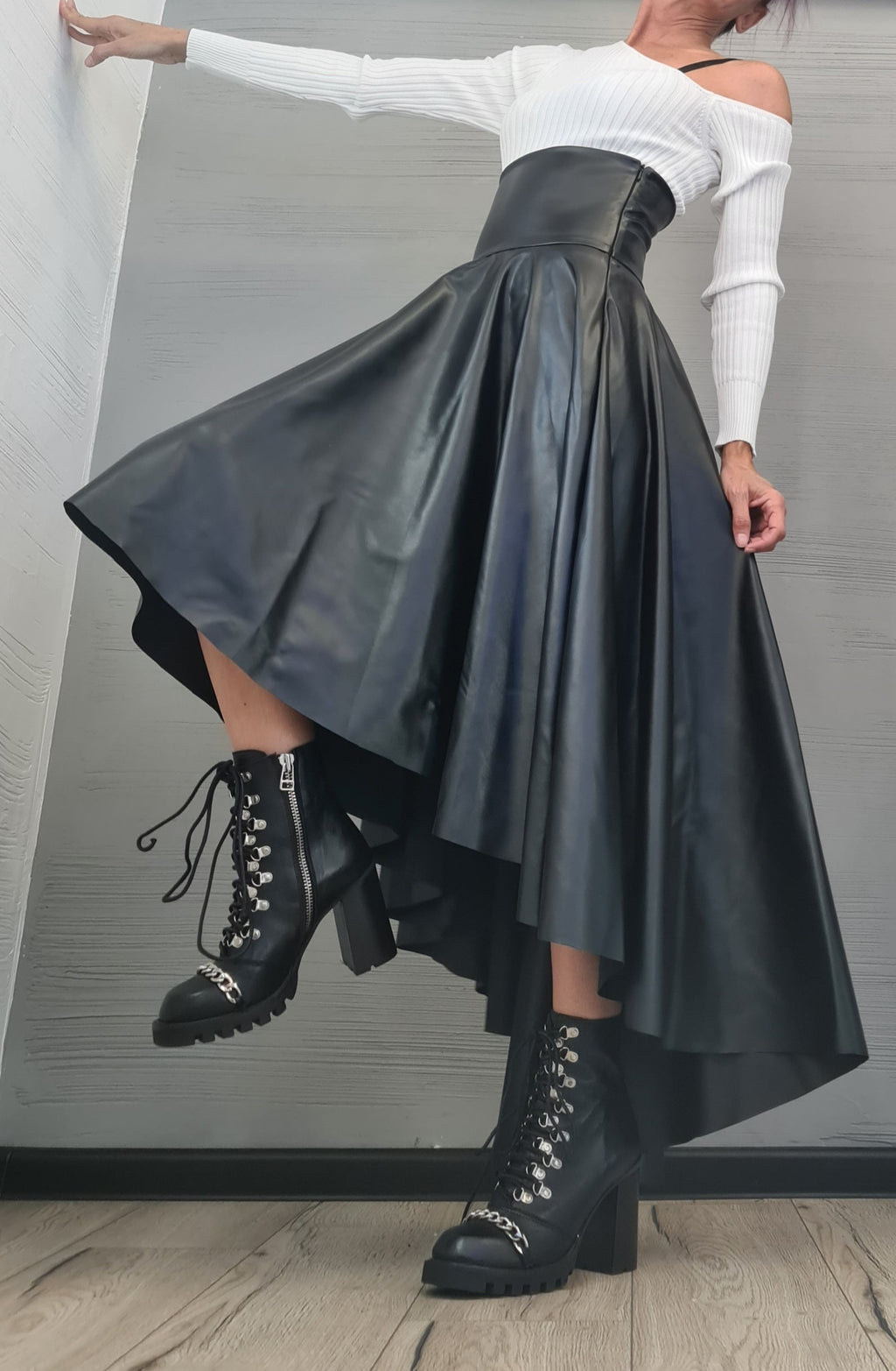 New Collection Eco Leather Skirt, High Waist Black Skirt, Asymmetric Skirt, Extravagant Woman Skirt, Short Long Skirt, Wedding Skirt