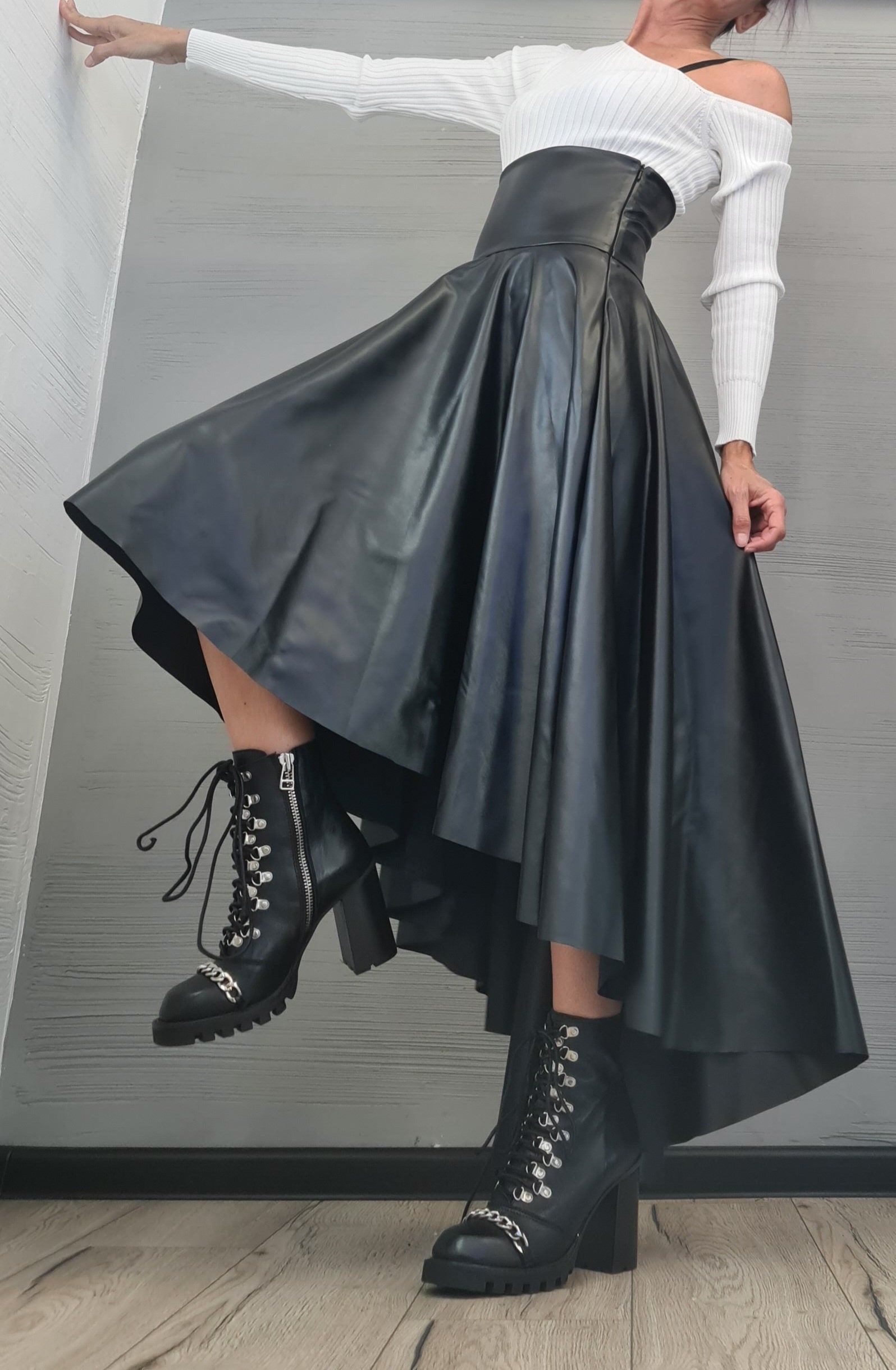 New Collection Eco Leather Skirt, High Waist Black Skirt, Asymmetric Skirt, Extravagant Woman Skirt, Short Long Skirt, Wedding Skirt
