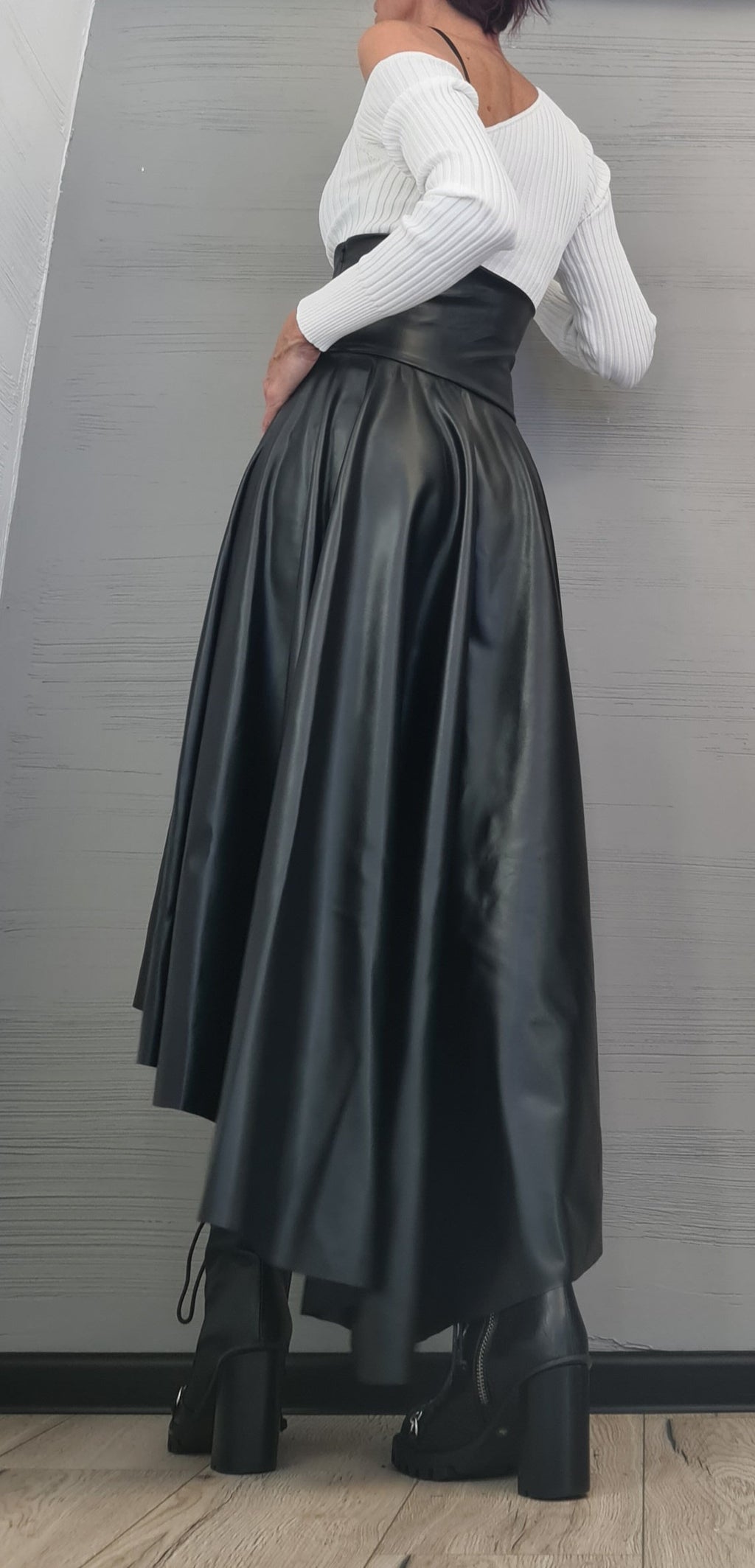 New Collection Eco Leather Skirt, High Waist Black Skirt, Asymmetric Skirt, Extravagant Woman Skirt, Short Long Skirt, Wedding Skirt