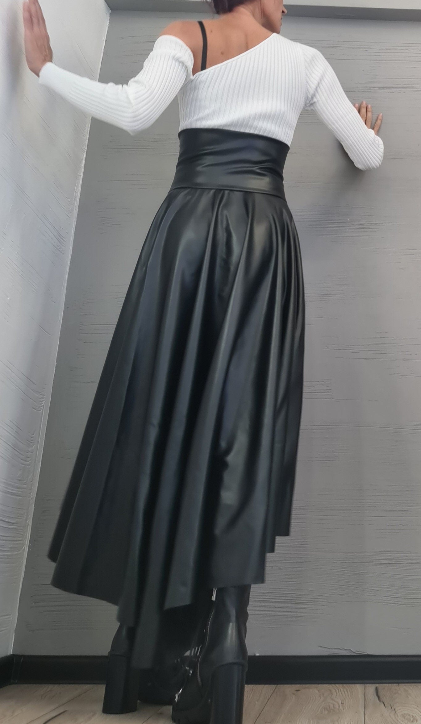 New Collection Eco Leather Skirt, High Waist Black Skirt, Asymmetric Skirt, Extravagant Woman Skirt, Short Long Skirt, Wedding Skirt